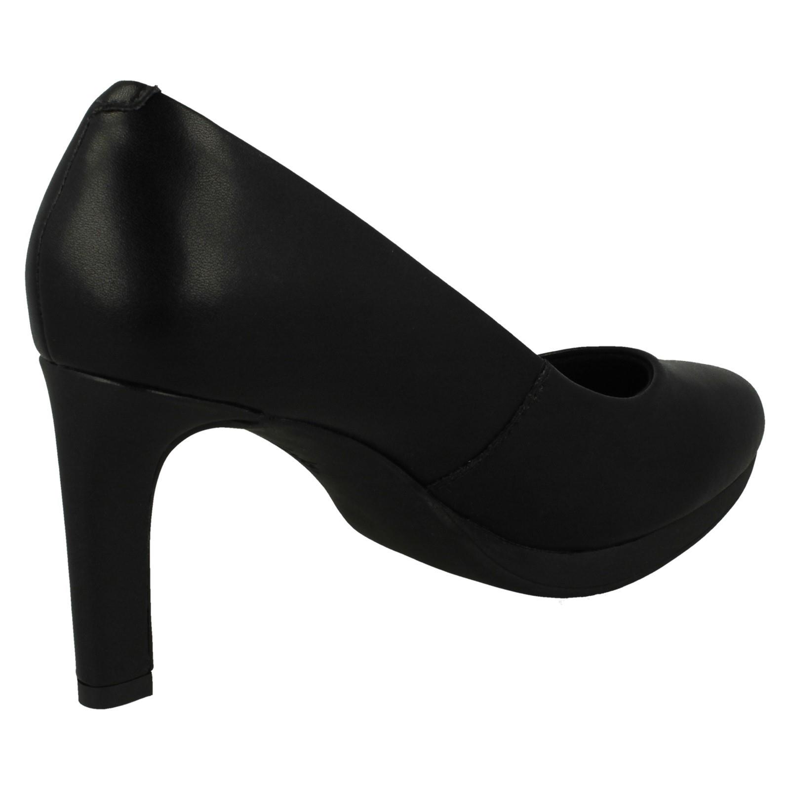 Ladies Clarks Leather Slip On Platform Stiletto Heeled Wide Fit Court Shoes - Picture 6 of 19