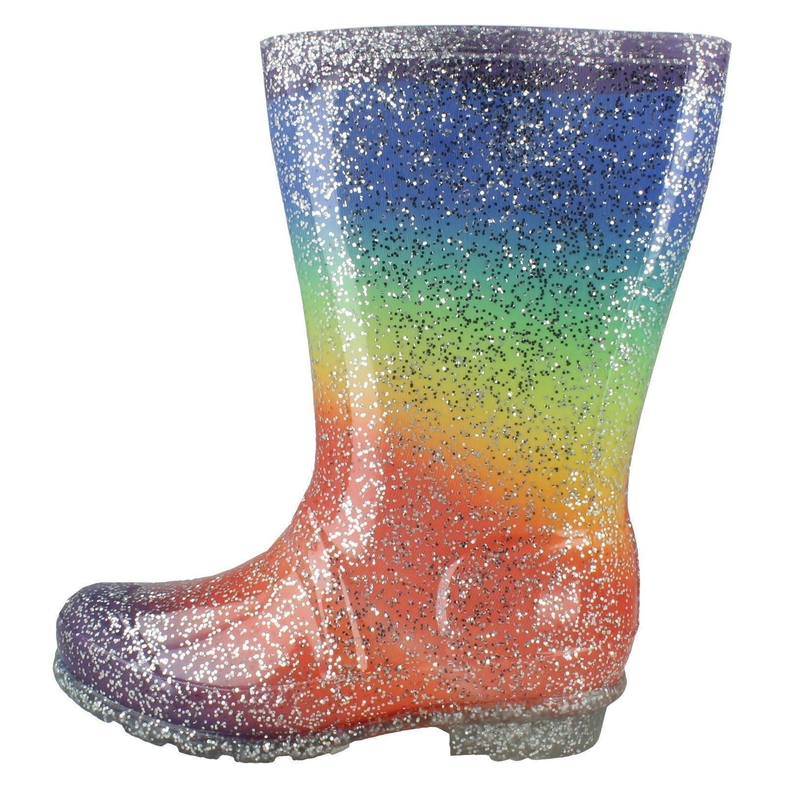 Girls Spot On Casual Slip On Rainbow Glitter Synthetic Wellingtons X1R257 - Picture 3 of 10