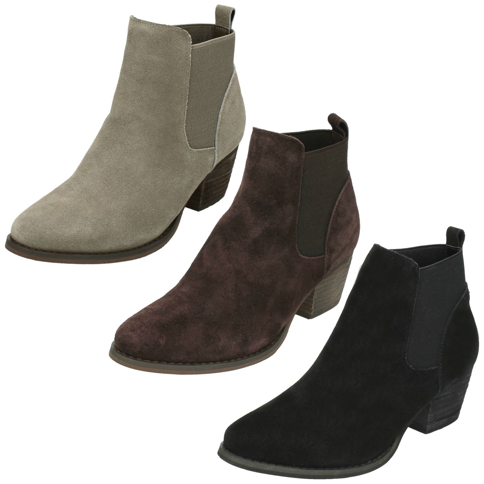 LADIES DOWN TO EARTH BLOCK HEEL LEATHER BLACK BROWN TAUPE ANKLE BOOTS F5R0678