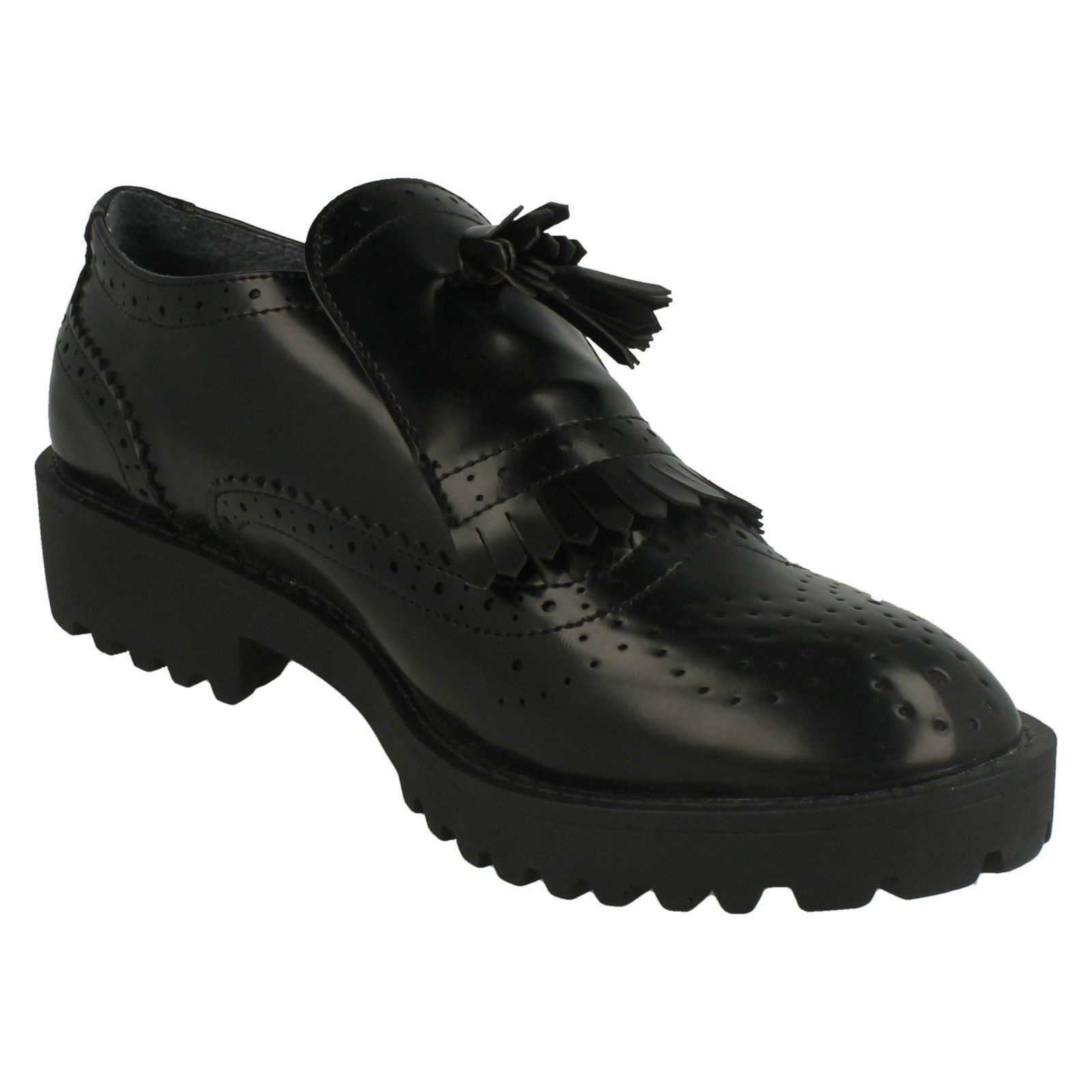Spot On Ladies Brogue Patterned Slip On Shoe With *Fringe Detail*