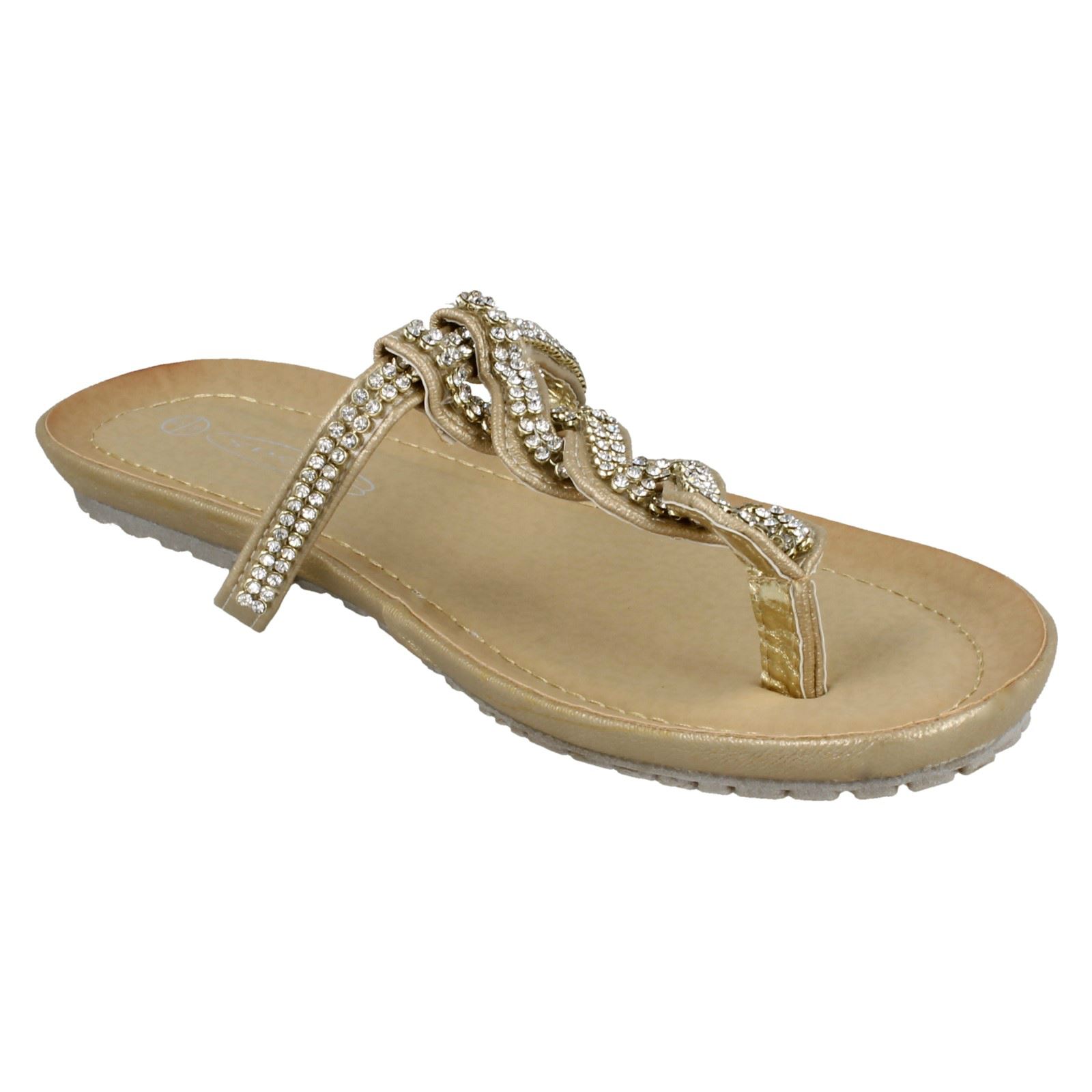Ladies Spot On Flat Toe Post Sandals With Twisted Diamante Strap eBay
