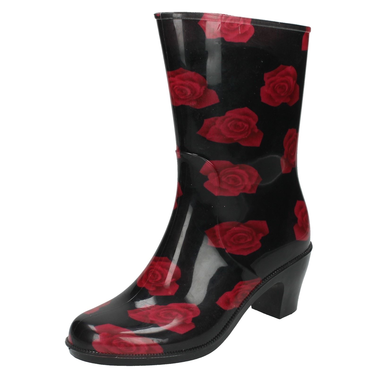 Ladies Spot On Heeled Rose Print Wellington Boots