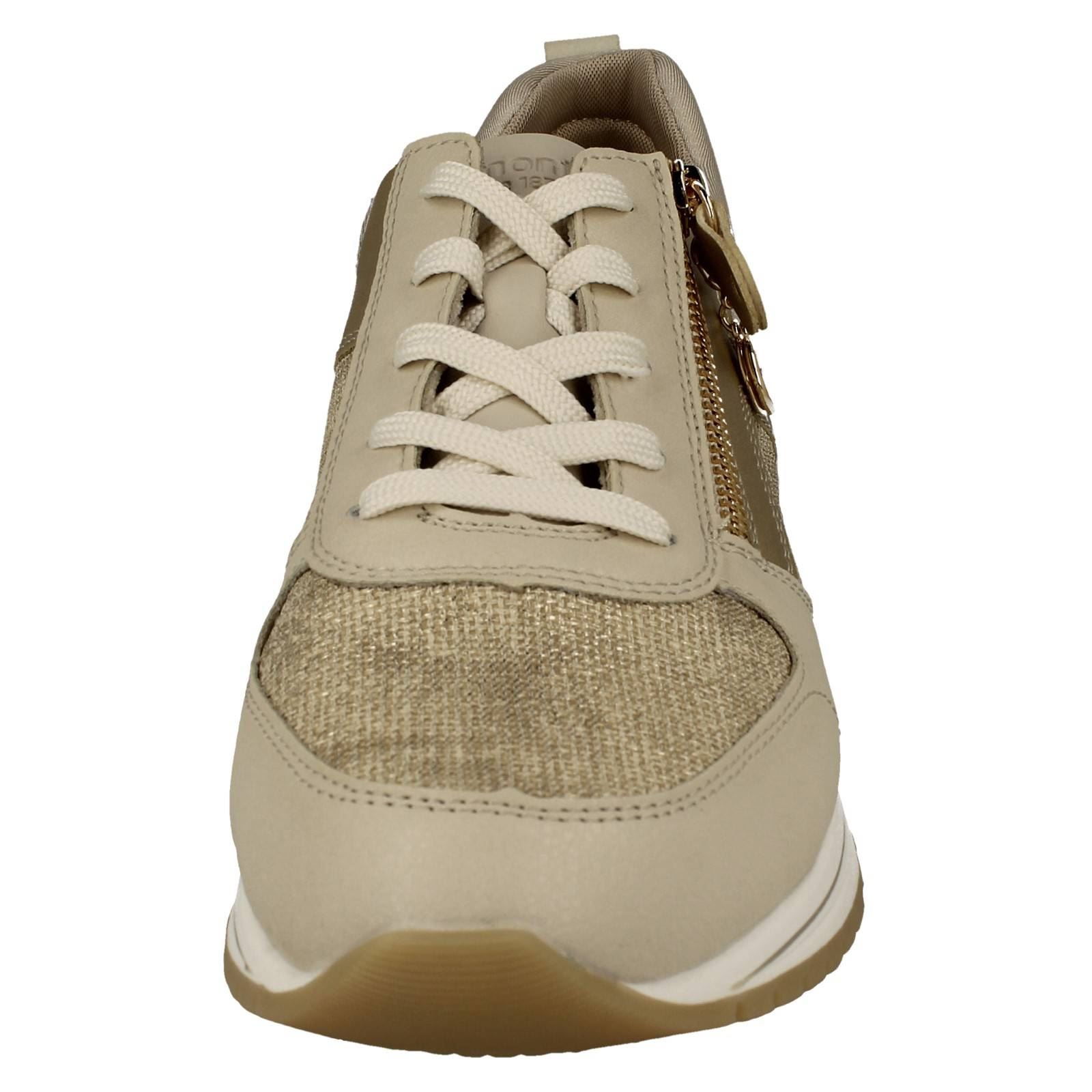 Scarpe Da Ginnastica Donna Remonte R3702 - Sneakers In Pelle Sintetica Beige/Blu Ardesia, Con Lacci E Cerniera, Comode E Morbide
