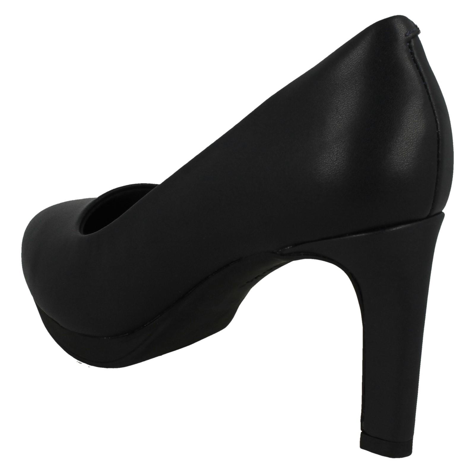 Ladies Clarks Leather Slip On Platform Stiletto Heeled Wide Fit Court Shoes - Picture 13 of 19