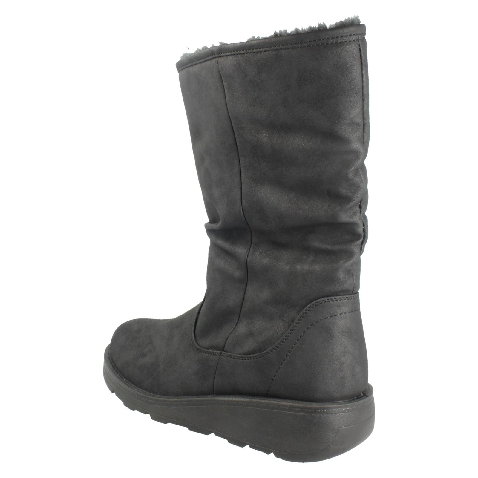Ladies Spot On Fur Lined Zip Up Wide Fit Wedge Heel Mid Calf Boots F4466 - Picture 4 of 19