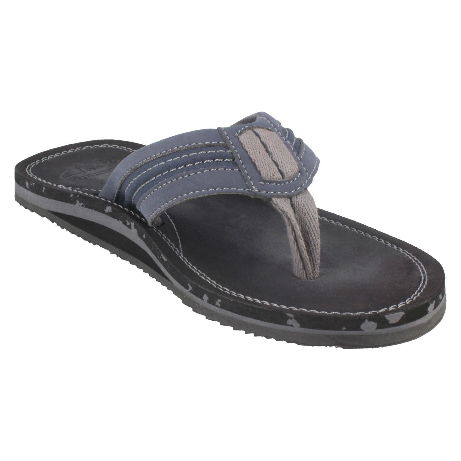 Mens Clarks Riverway Sun Brown Or Navy Synthetic Toe Post Flip Flop Sandals