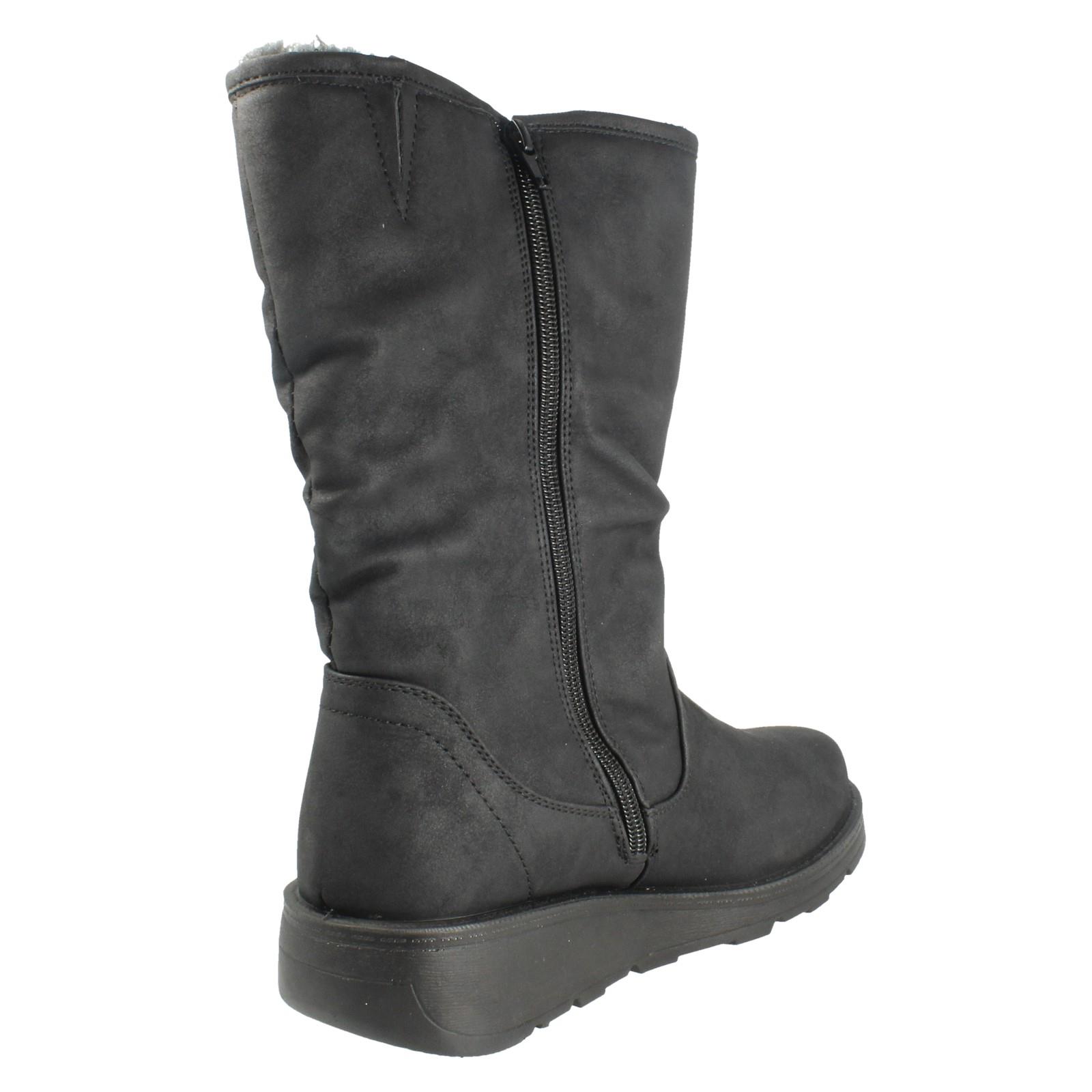 Ladies Spot On Fur Lined Zip Up Wide Fit Wedge Heel Mid Calf Boots F4466 - Picture 6 of 19