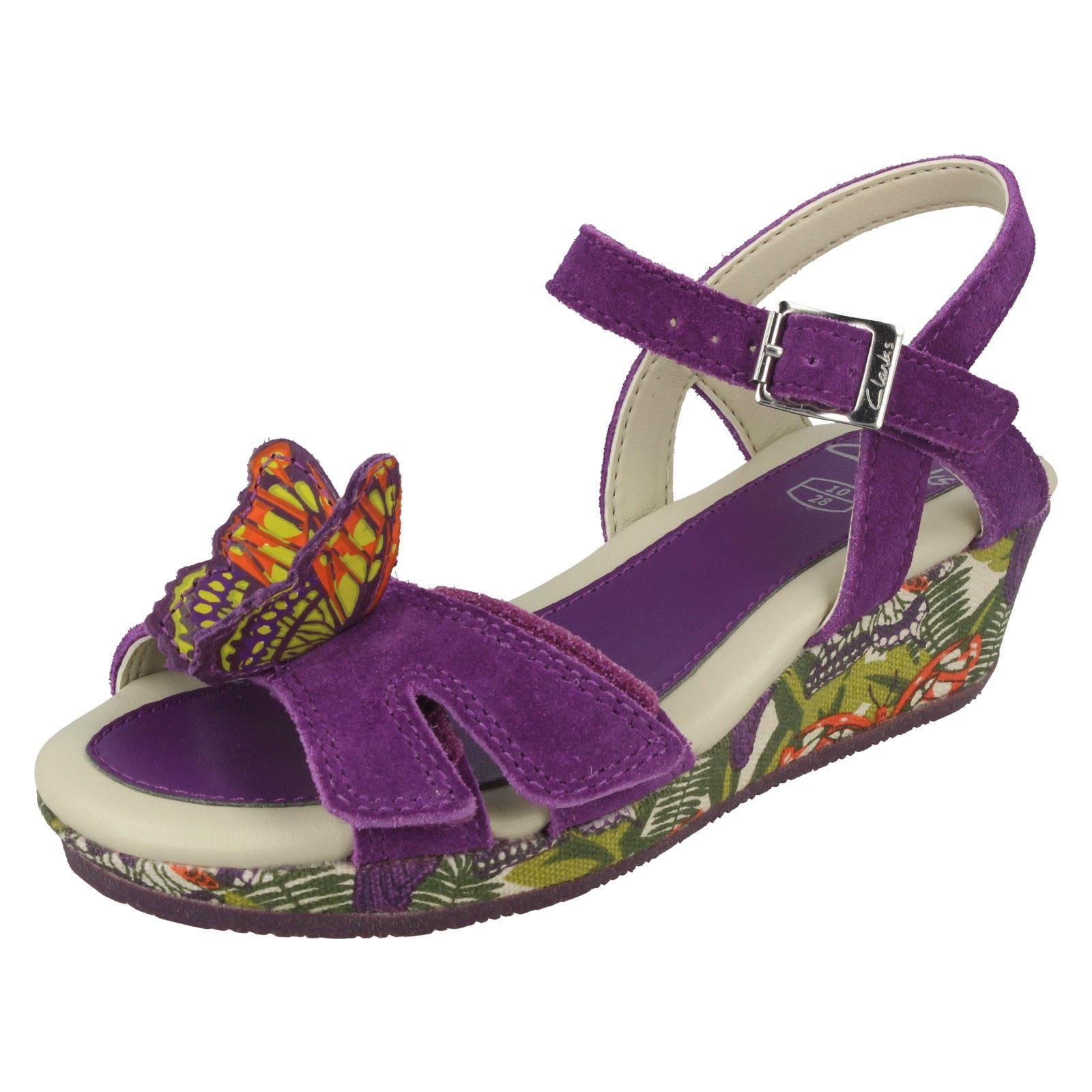 Clarks Girls Harpy Fly Purple Suede Leather Smart Wedge Butterfly Sandals