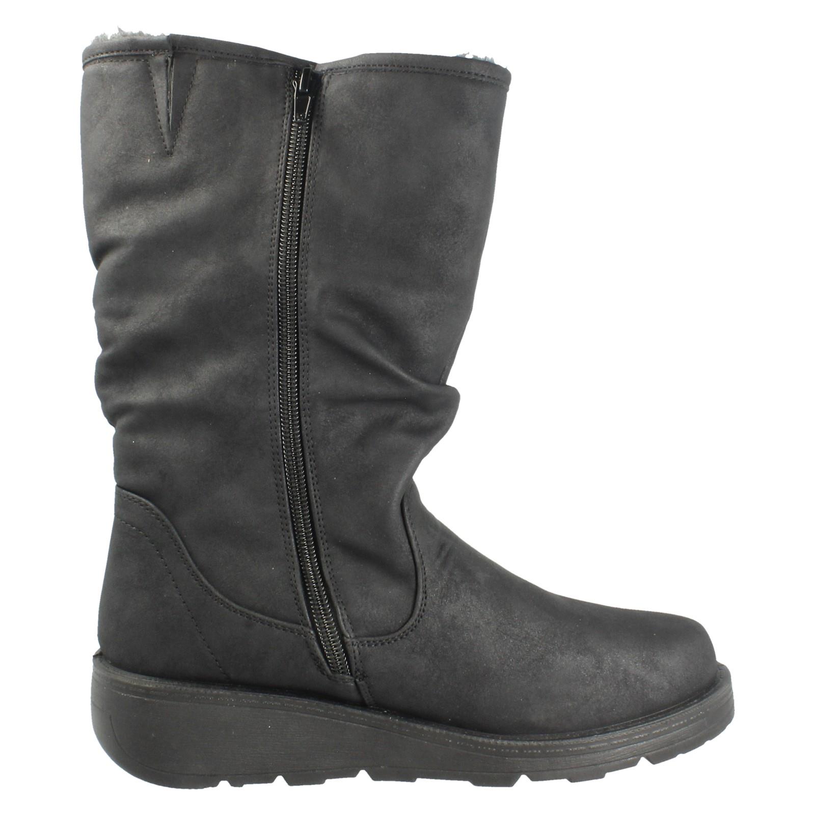 Ladies Spot On Fur Lined Zip Up Wide Fit Wedge Heel Mid Calf Boots F4466 - Picture 7 of 19