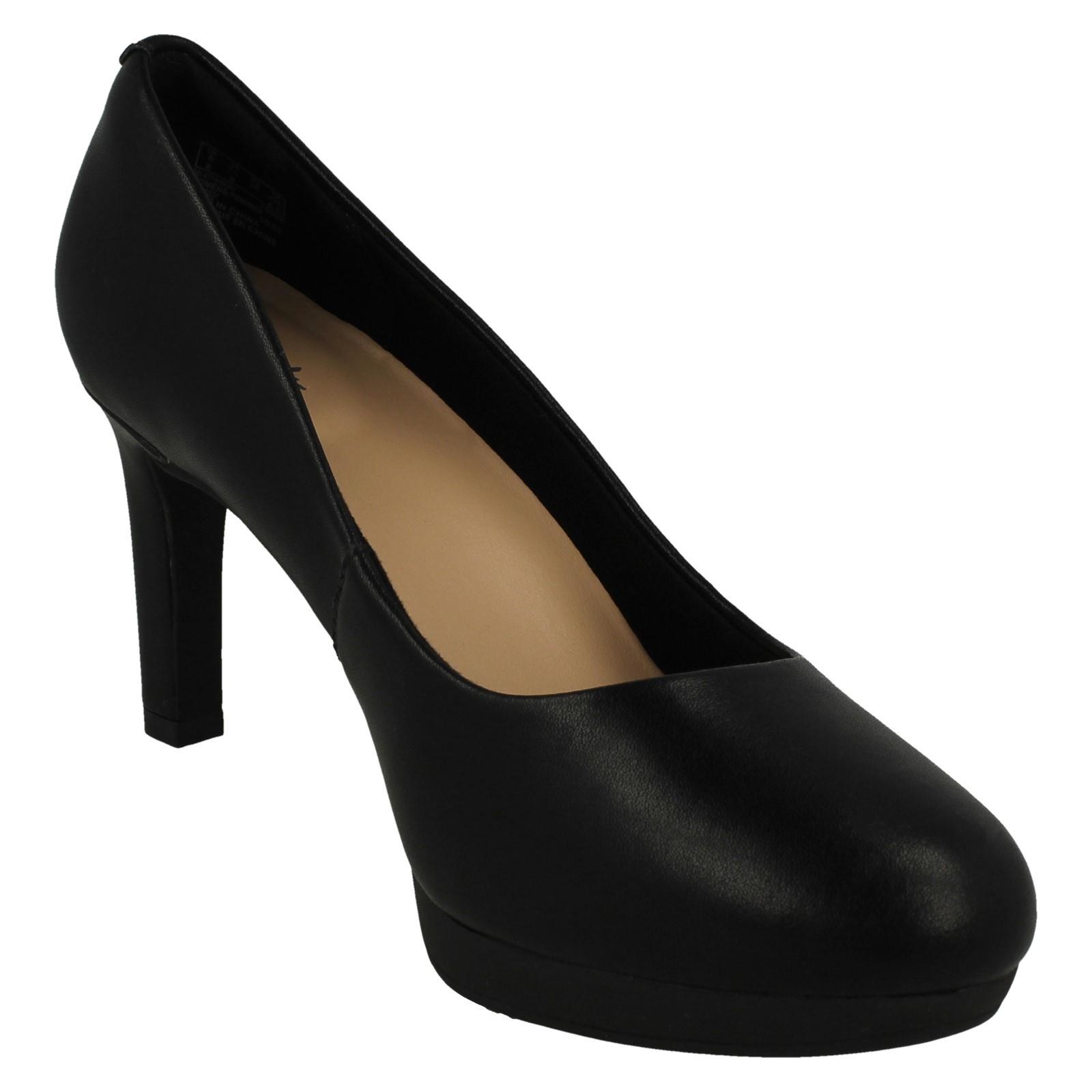 Ladies Clarks Leather Slip On Platform Stiletto Heeled Wide Fit Court Shoes - Picture 8 of 19