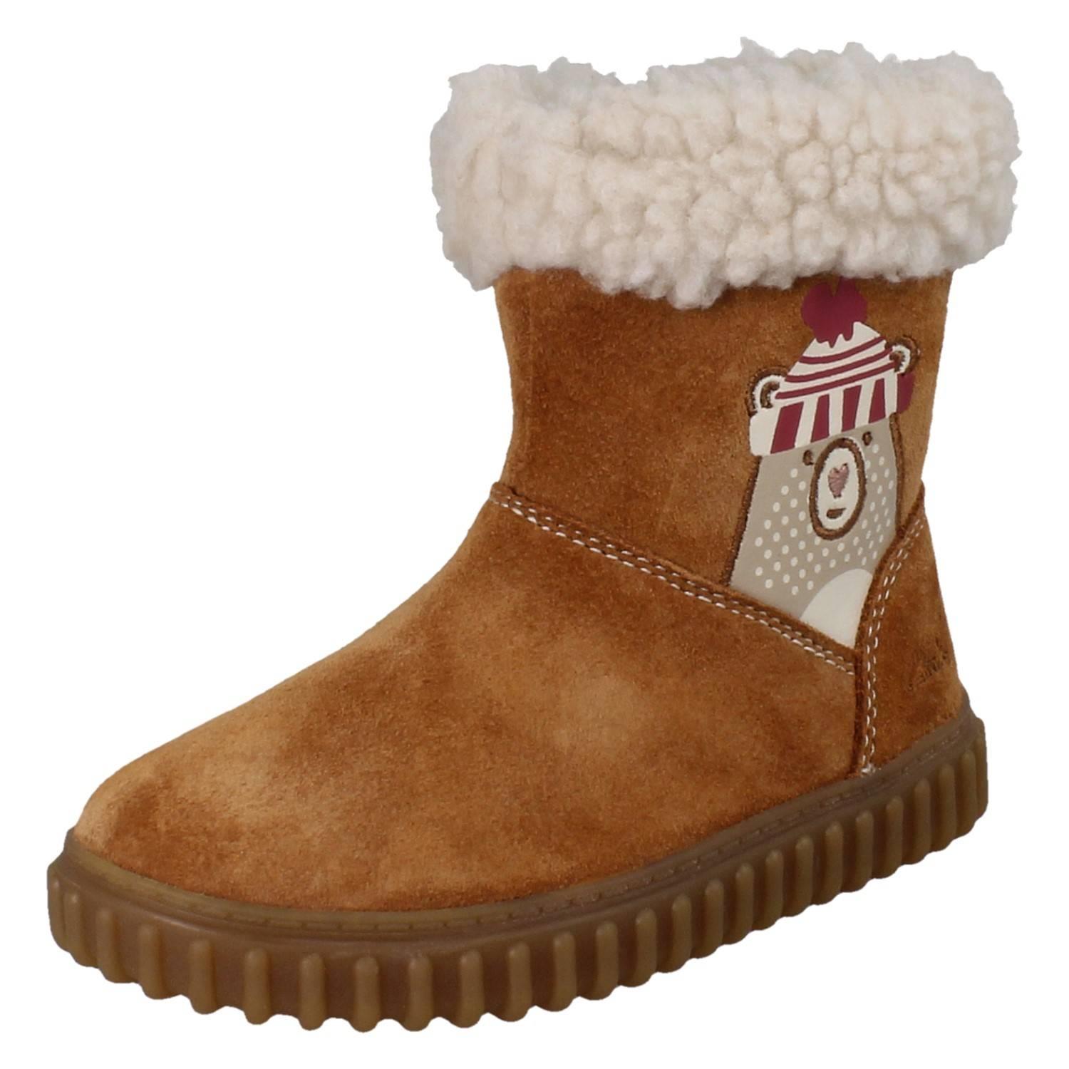 Mädchen Clarks Bär Detail Wadenhoch Fleece Kragen Suede Winterstiefel Cove Warm - Picture 2 of 10