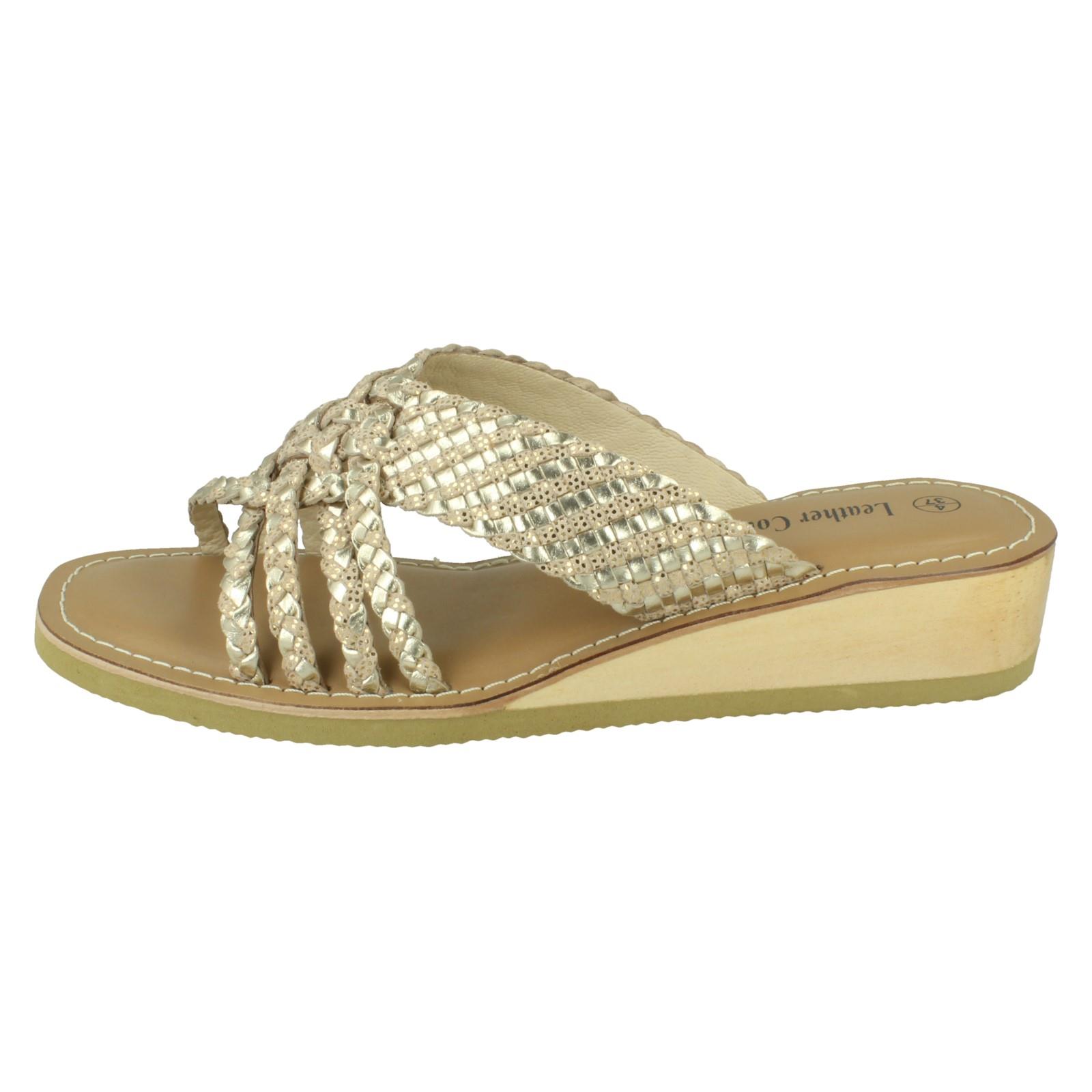 Ladies Leather Collection Low Wedge Platform Sandals F00424 - Picture 3 of 19