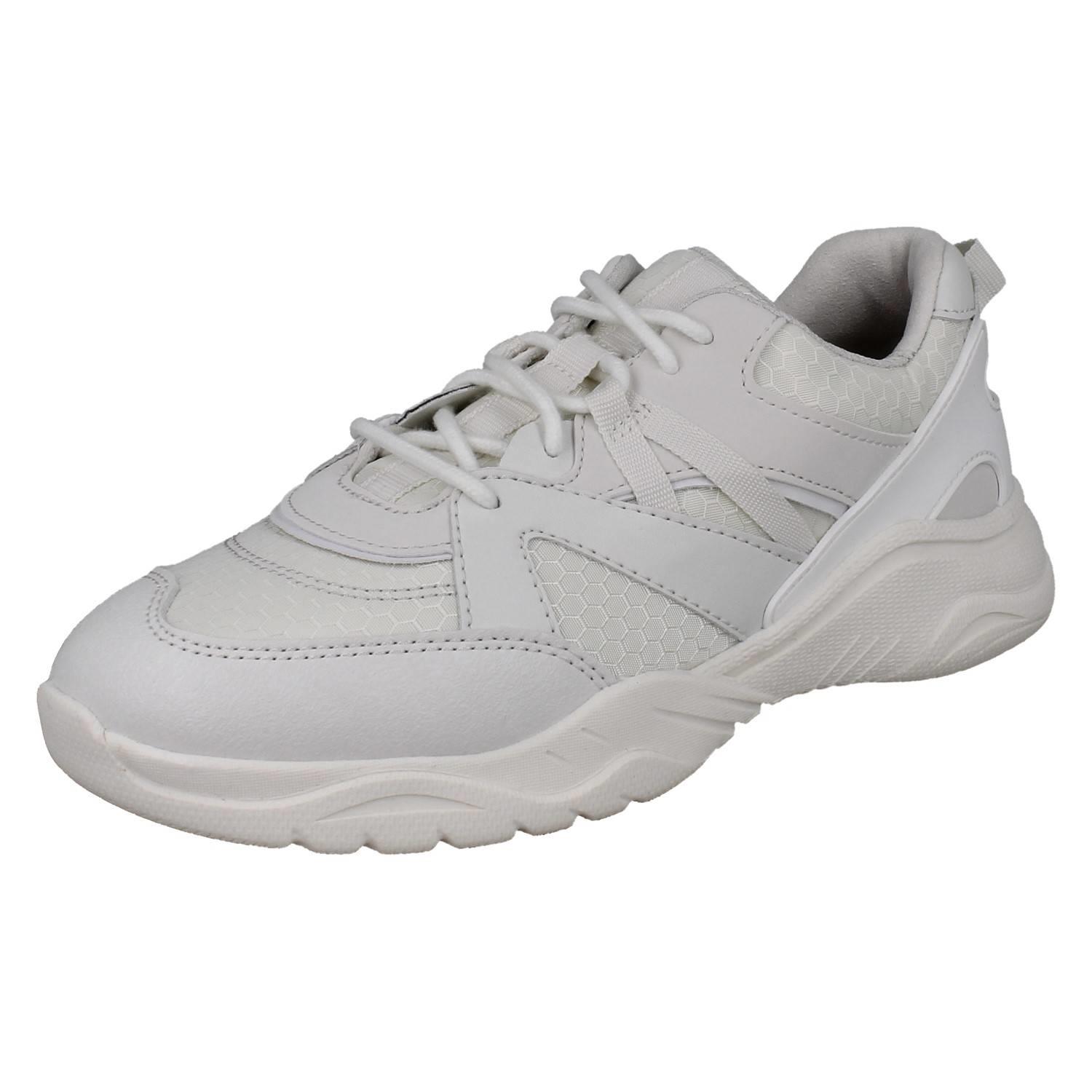 Kinder Clarks Grobe Sohle Schnürer Waschbar Weiß Netz Turnschuhe Feder Pace O - Picture 2 of 10
