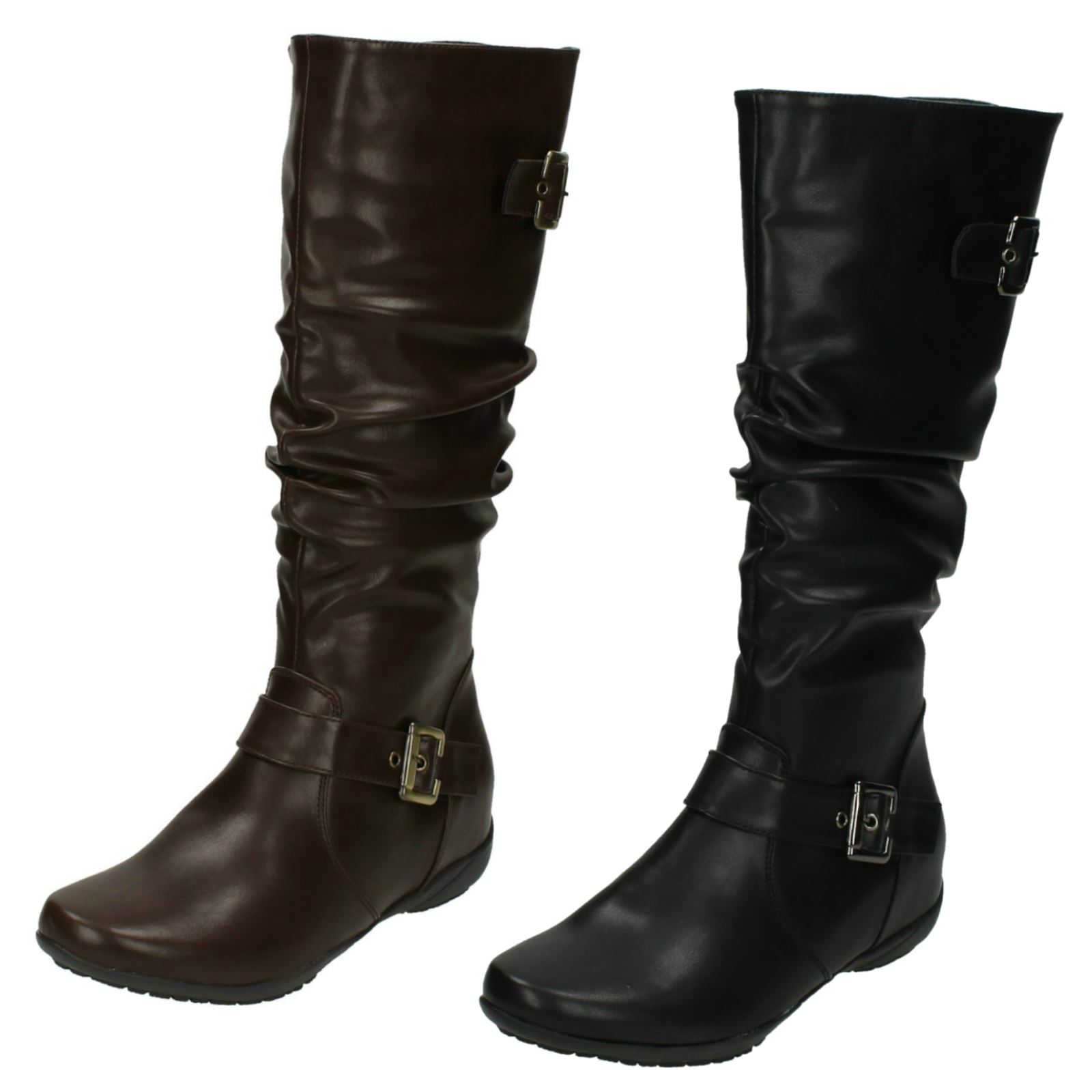 Damen Down To Earth Flach Hohes Bein Geraffte Stiefel F4R386