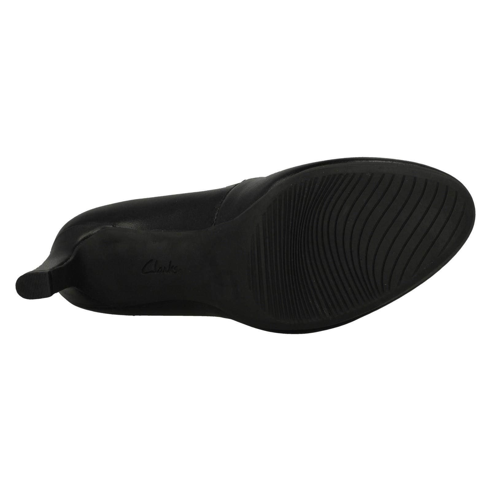 Ladies Clarks Leather Slip On Platform Stiletto Heeled Wide Fit Court Shoes - Picture 10 of 19