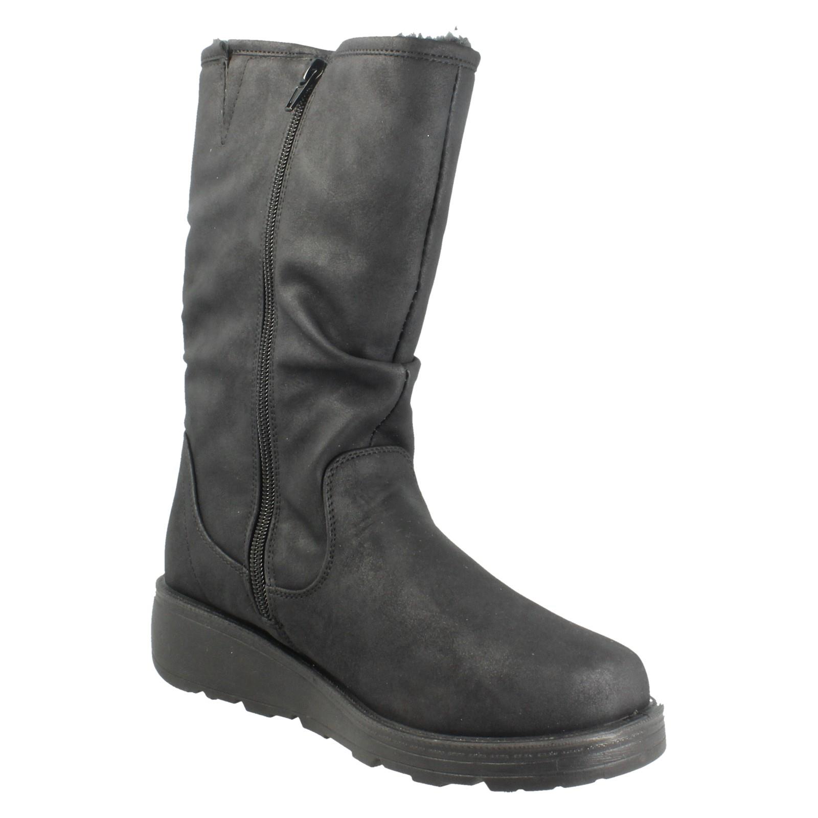 Ladies Spot On Fur Lined Zip Up Wide Fit Wedge Heel Mid Calf Boots F4466 - Picture 8 of 19