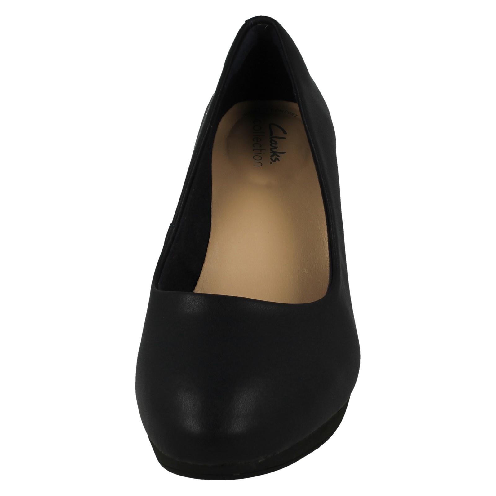 Ladies Clarks Leather Slip On Platform Stiletto Heeled Wide Fit Court Shoes - Picture 18 of 19