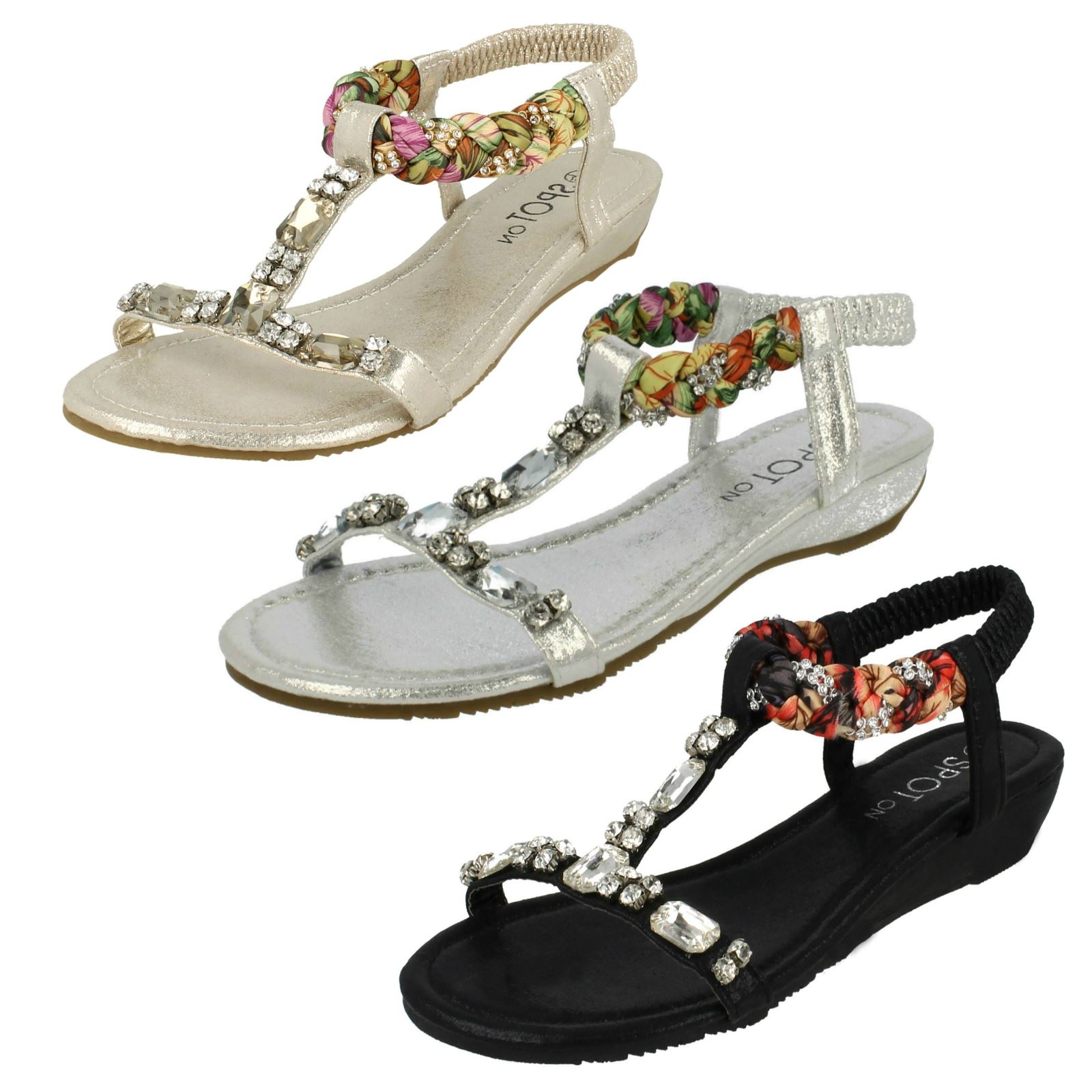 Spot On Ladies Low Wedge Jewelled Sandals | eBay