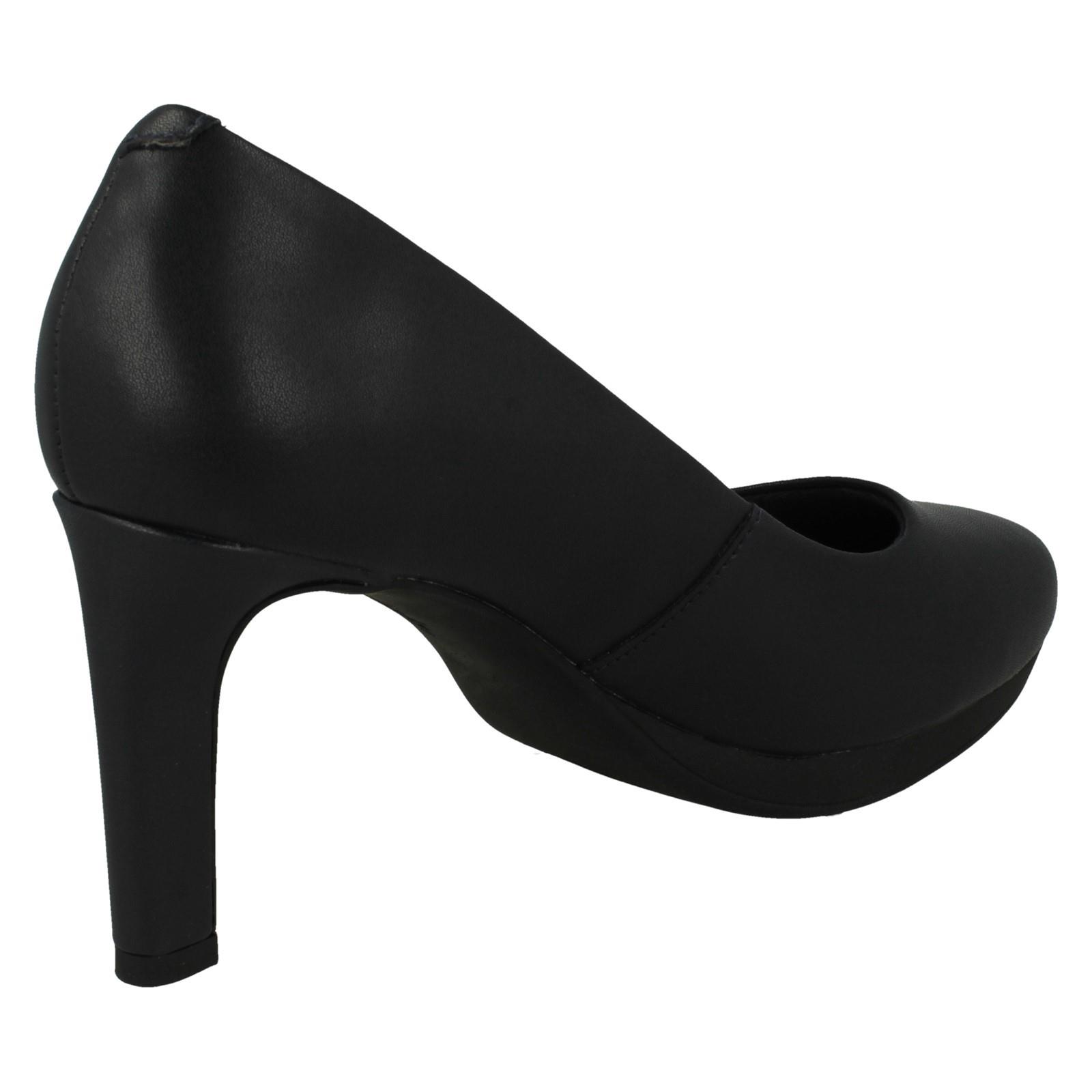 Ladies Clarks Leather Slip On Platform Stiletto Heeled Wide Fit Court Shoes - Picture 15 of 19