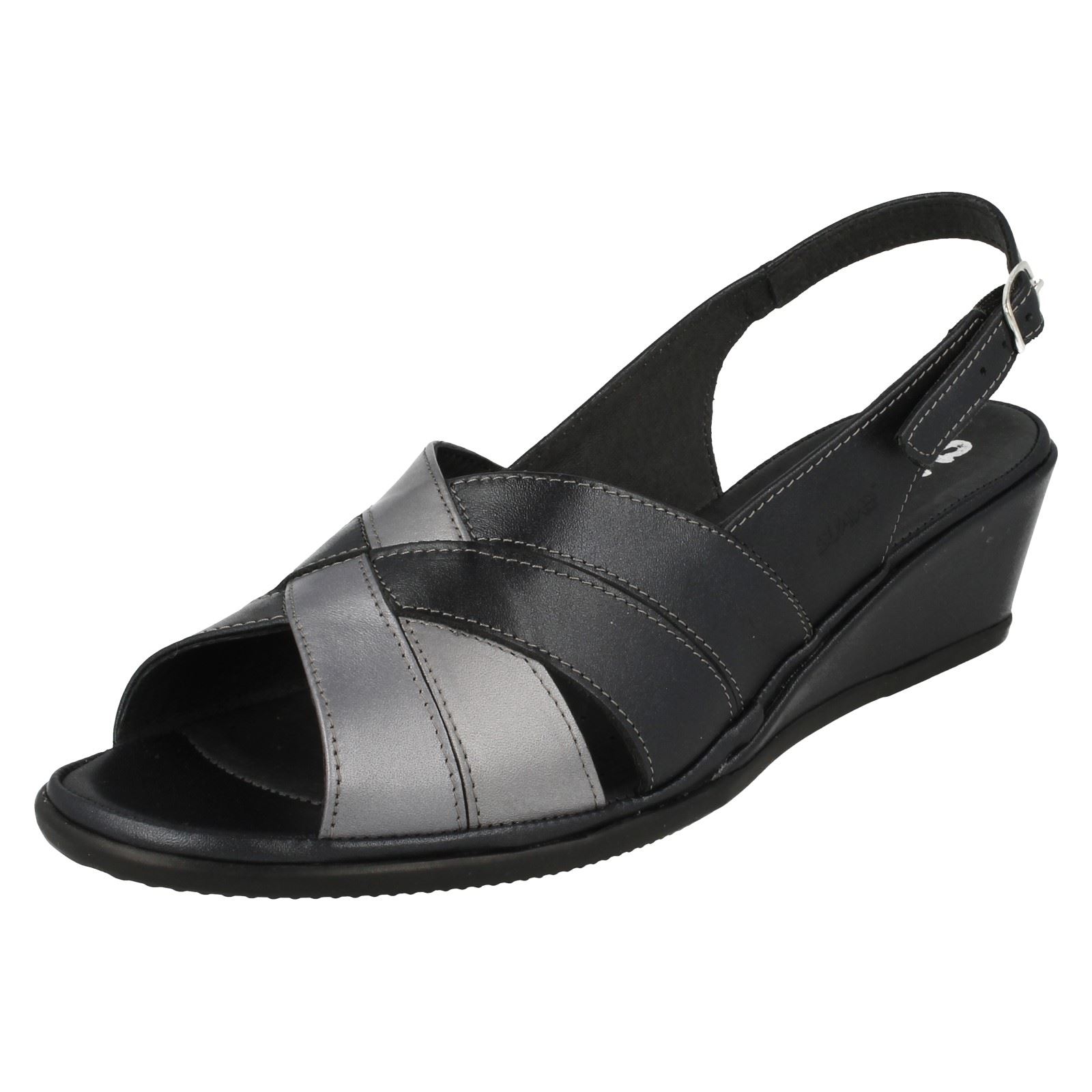 11A Spot On F0R757 Ladies Navy Slingback Wedge Heel Sandals