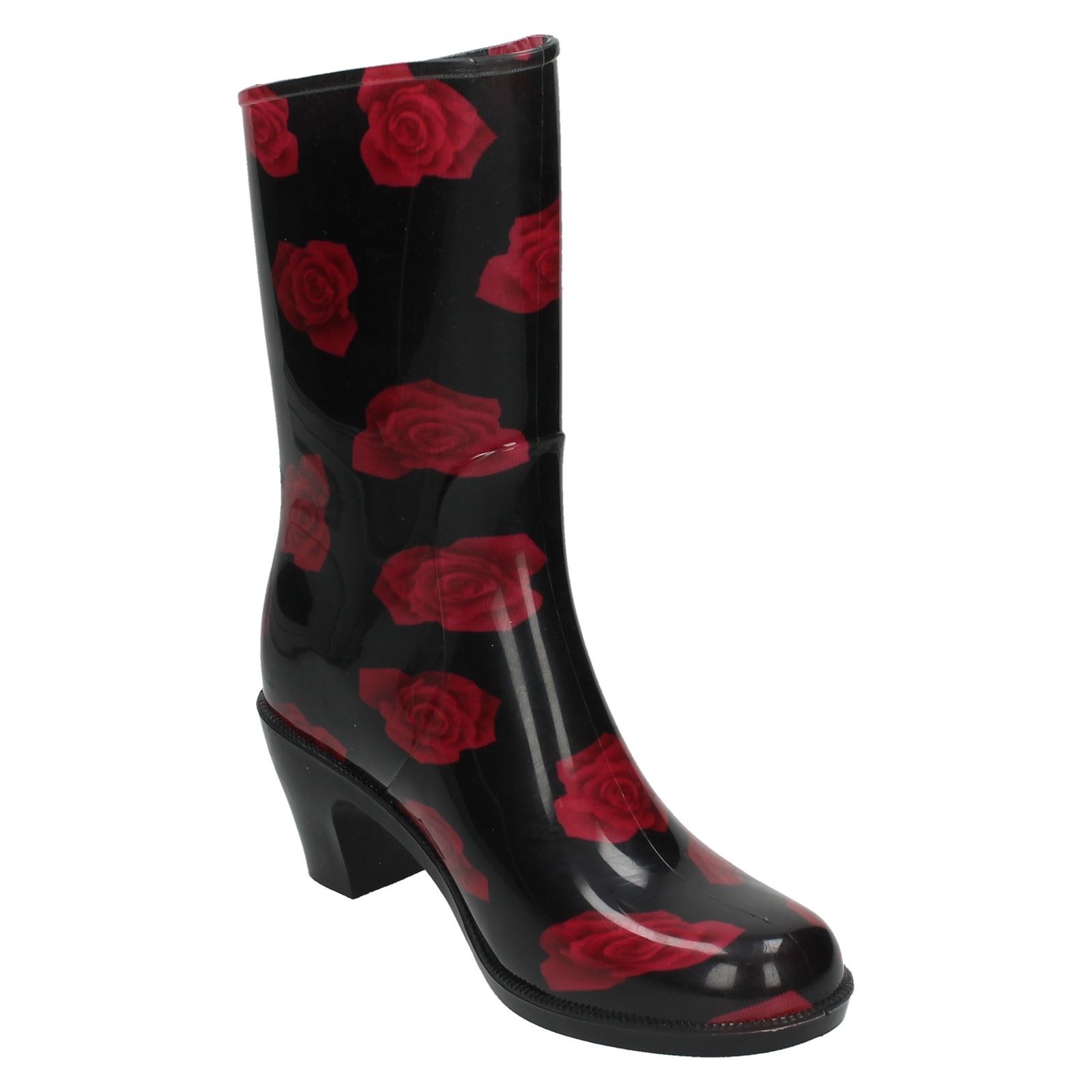 Ladies Spot On Heeled Rose Print Wellington Boots