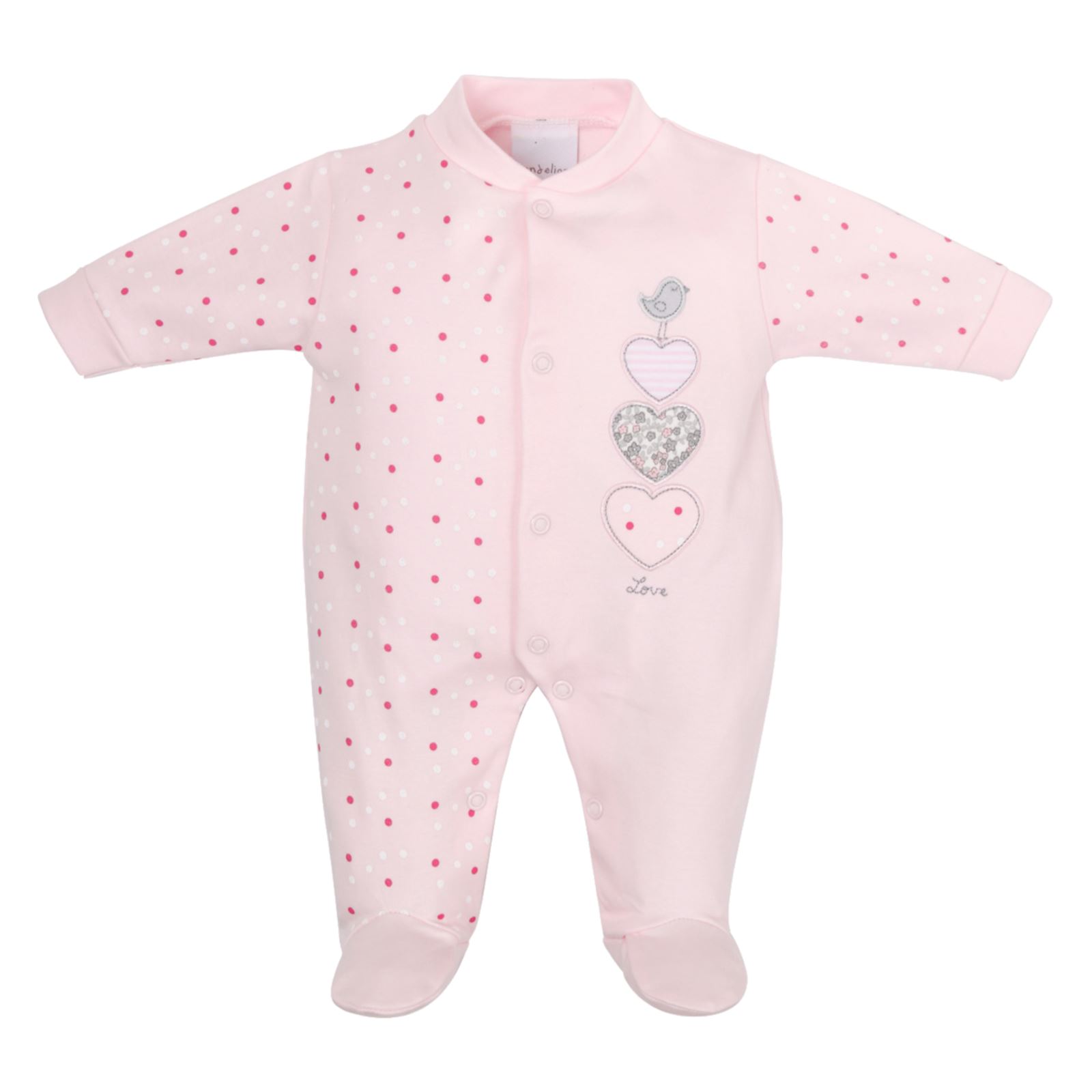 *REDUCED* Baby Girls Sleepsuit Triple Hearts, Newborn-9M, Pink Grey, Pure Cotton - Picture 3 of 3