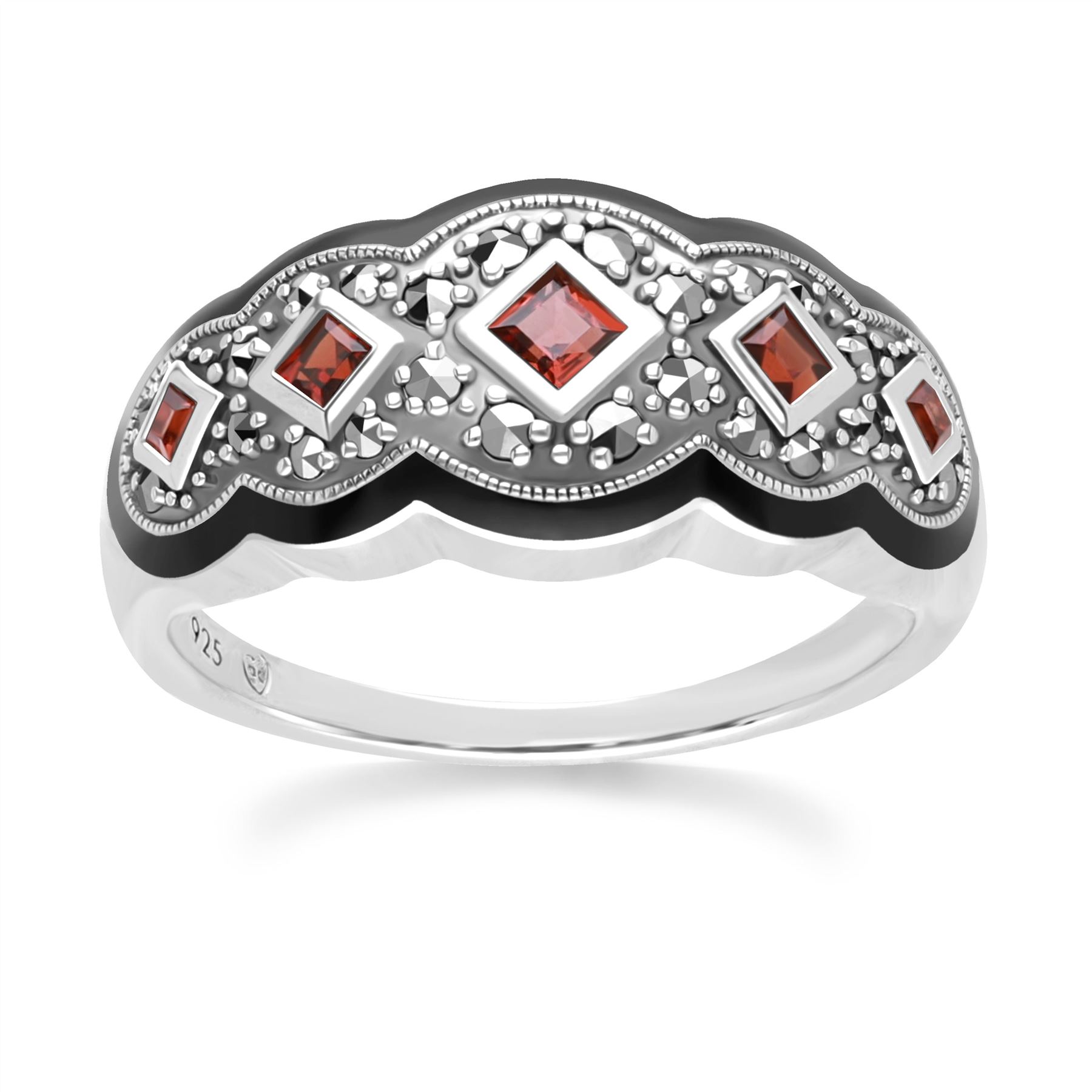 Bague Art Déco En Argent 925 Avec Grenat Et Marcassite - Style Ovale, Pierres Naturelles, Neuf Avec étiquettes