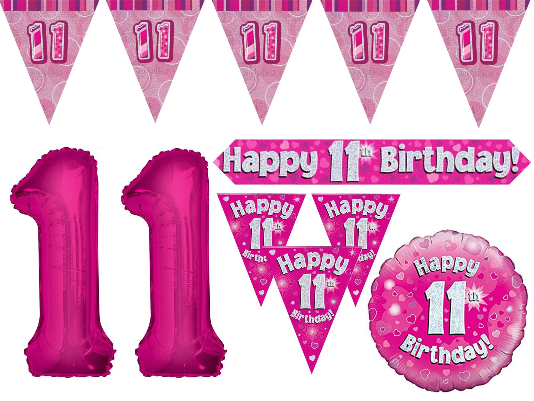 Pink Age 11 Happy 11th Birthday Party Decorations Banners Bunting Girls