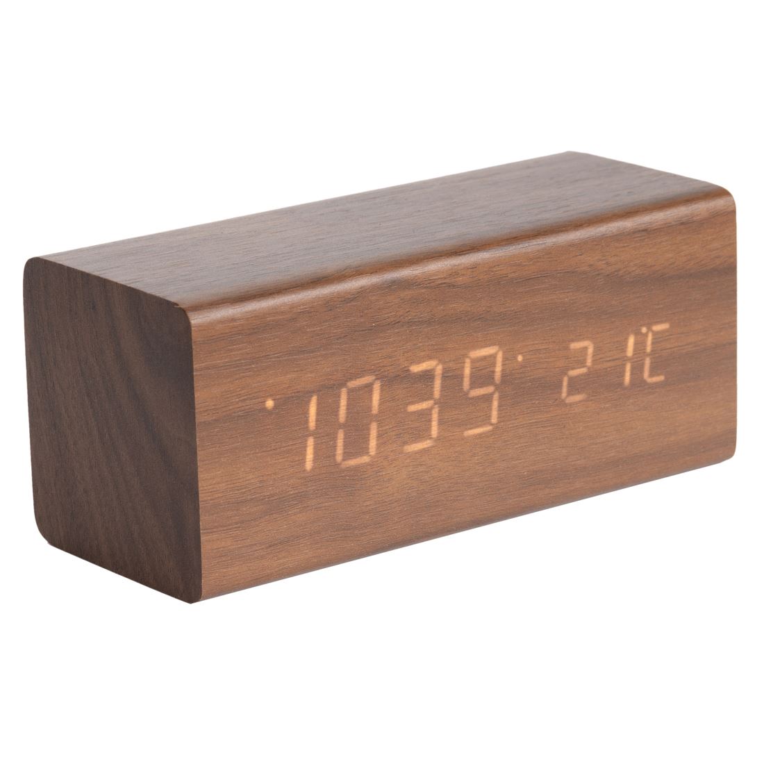 Karlsson Wood Block Alarm Clock Date and Temperature Minimalist Table
