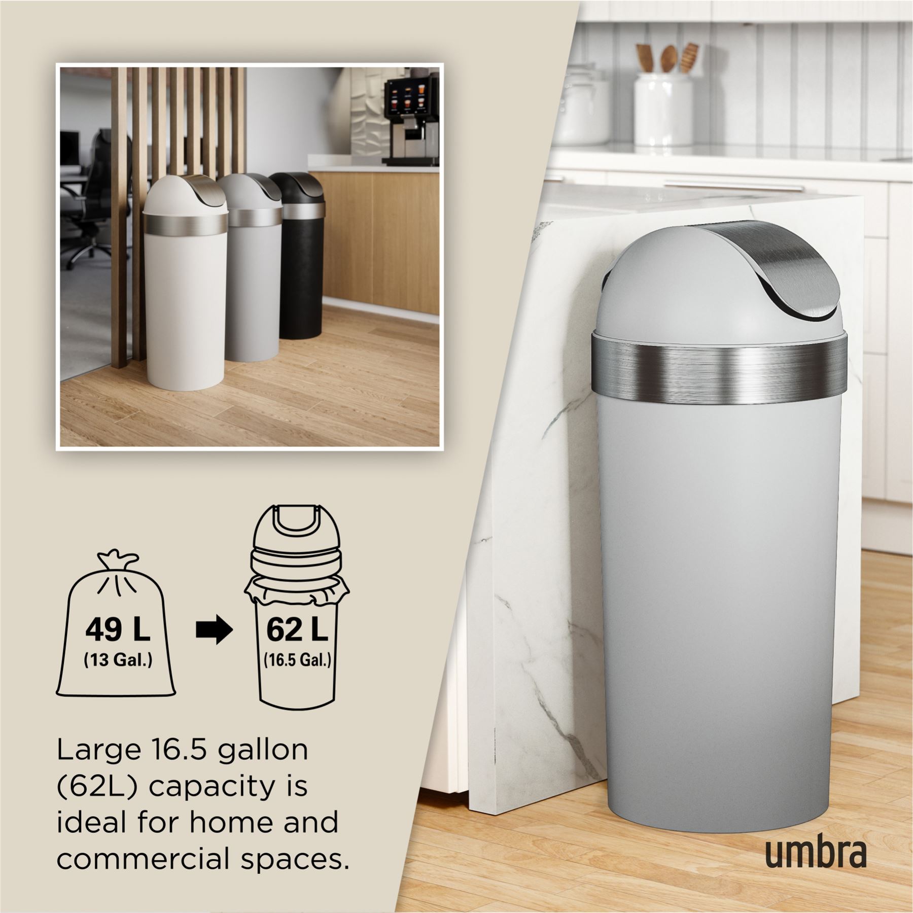62L Swing Bin Umbra Venti Trash Can Kitchen Waste Swing Bin - Picture 22 of 22