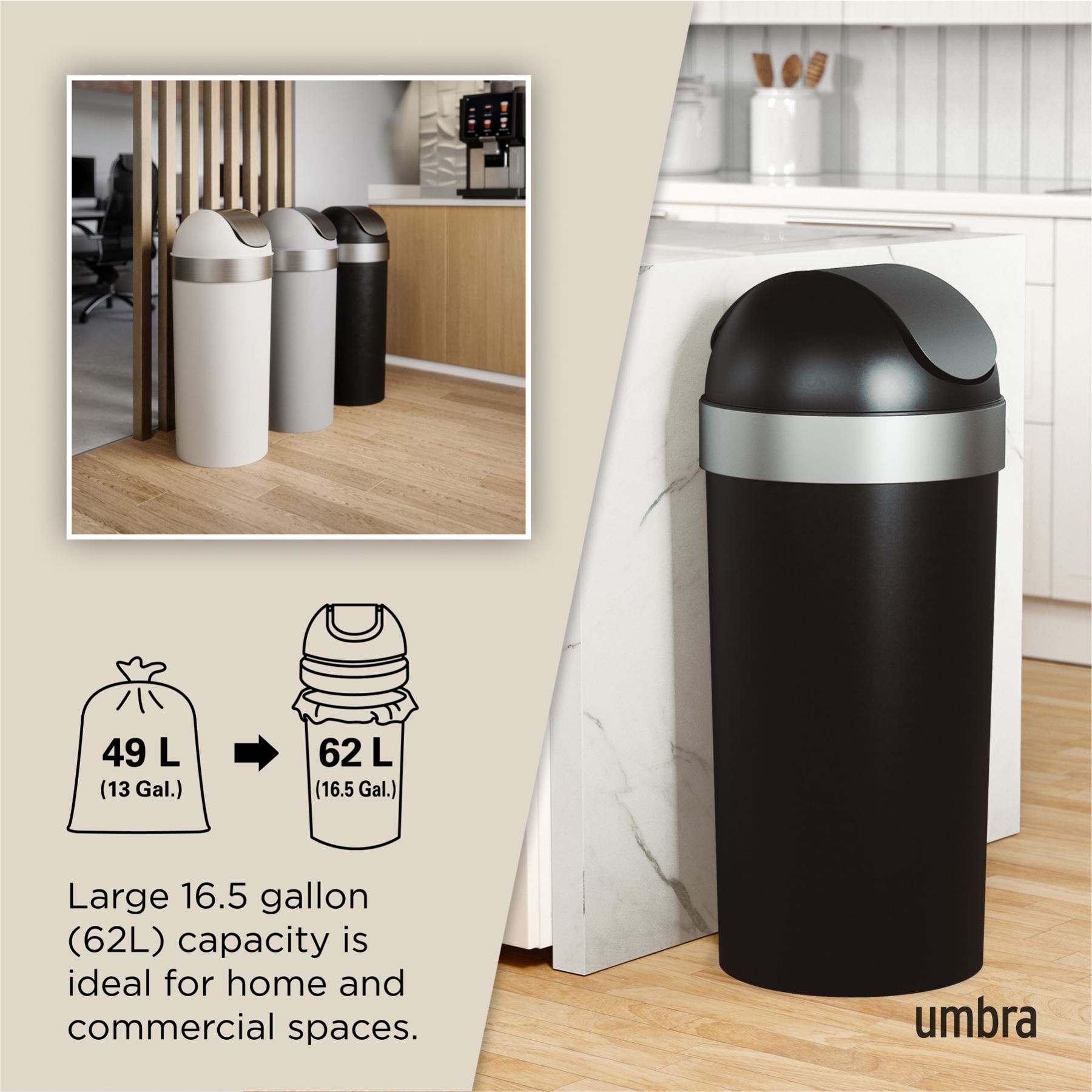 62L Swing Bin Umbra Venti Trash Can Kitchen Waste Swing Bin - Picture 10 of 22