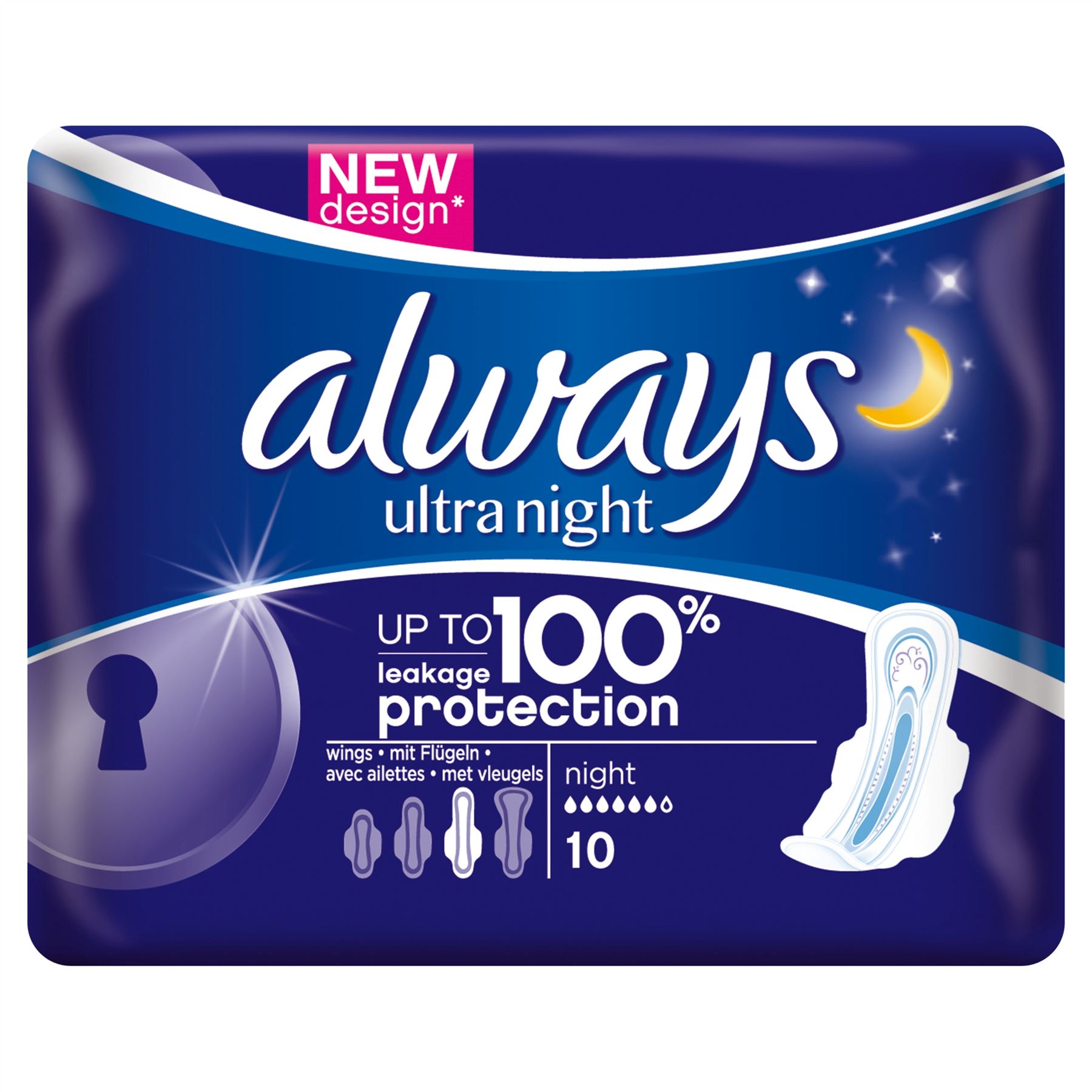 Always Ultra Night Sanitary Towels with wings Single Packs x 10 pads