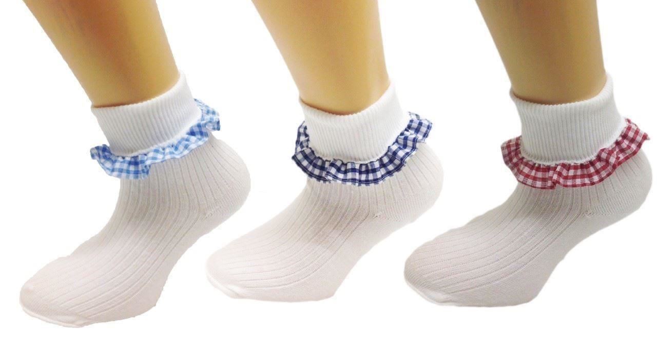 3 Pairs White Soft Cotton School Girls Ankle Socks with Gingham Trims Schoolwear eBay