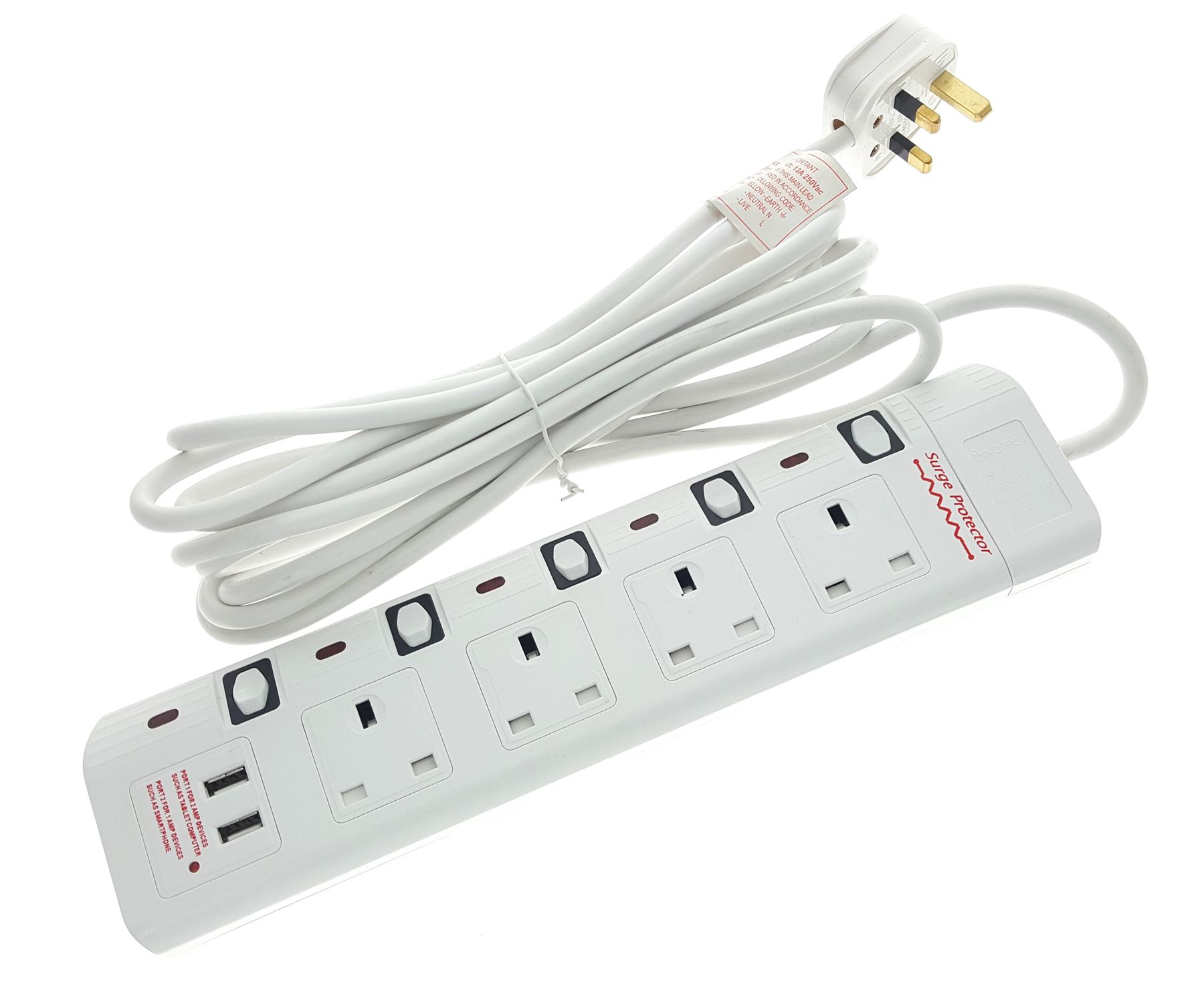 4 Way 5M Extension Lead with 2 Way USB port Portable Socket Surge