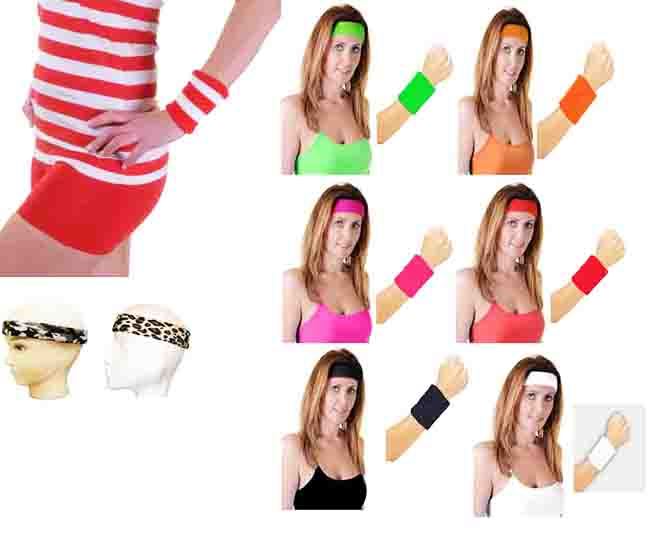 Ladies Head Band And Towelling Wrist Band Set Yoga Dance Tennis Sweatband 80s