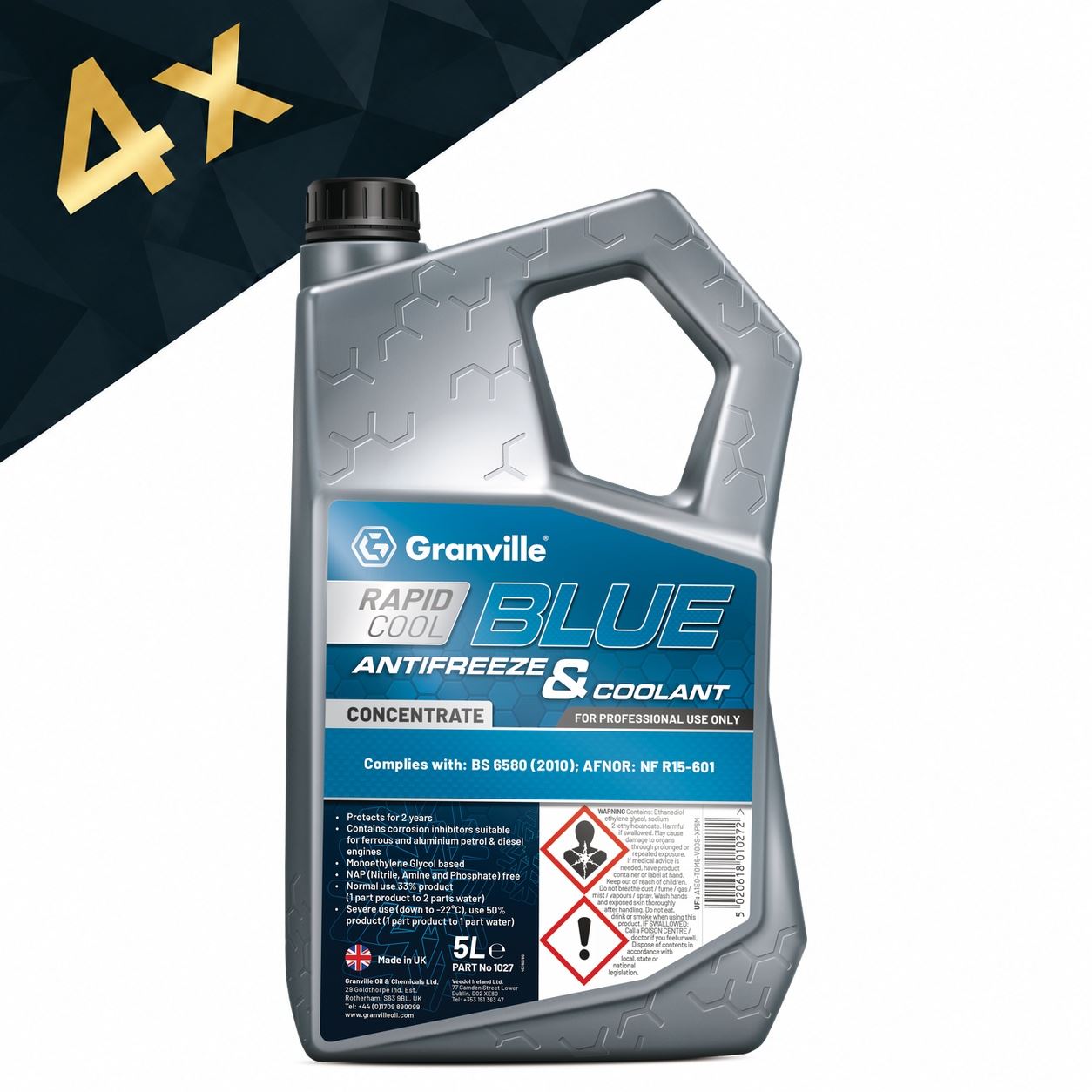 4x Granville - Rapid Cool Blue Antifreeze / Coolant Concentrate 5L