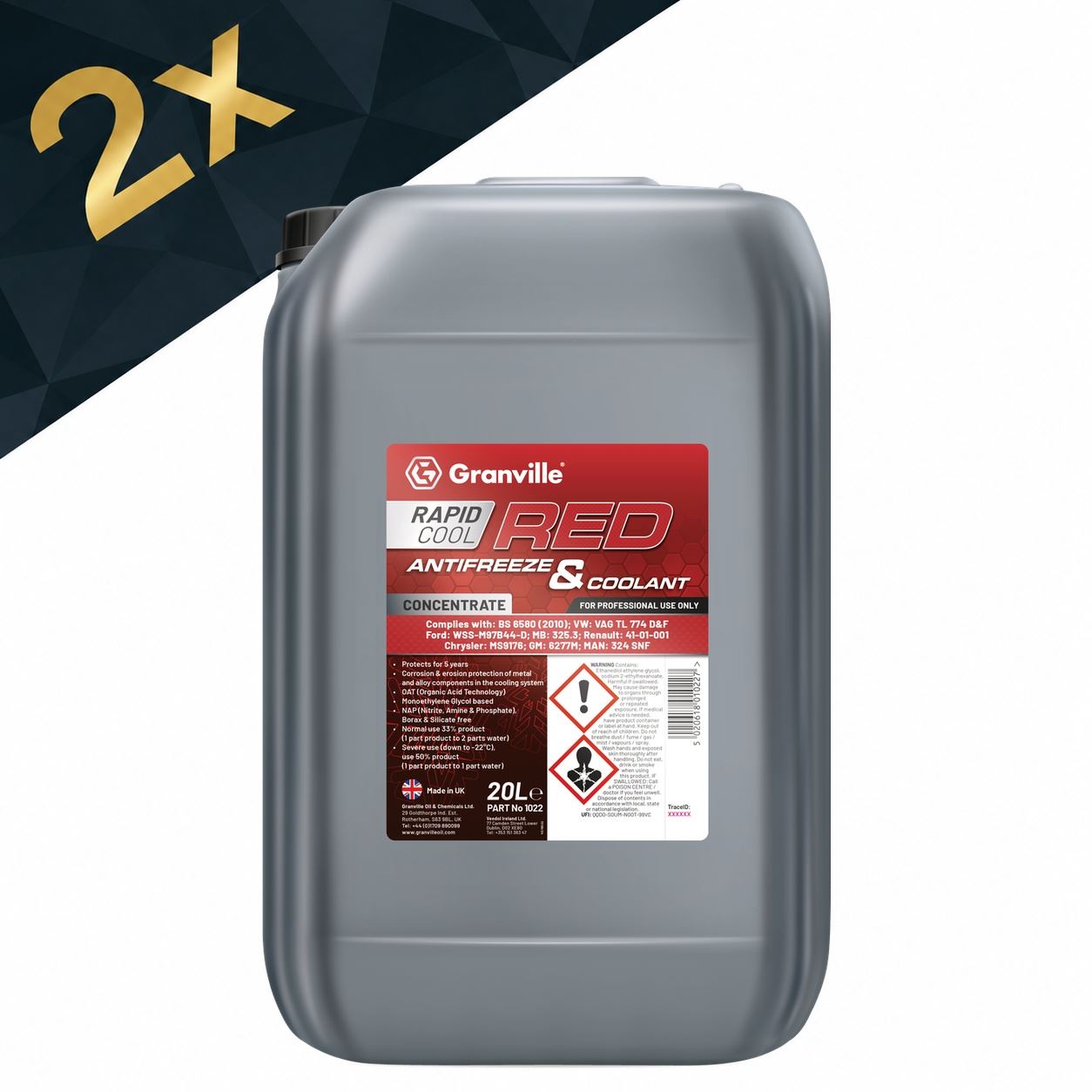 2x Granville - Rapid Cool Red Antifreeze / Coolant OAT Concentrate 20L