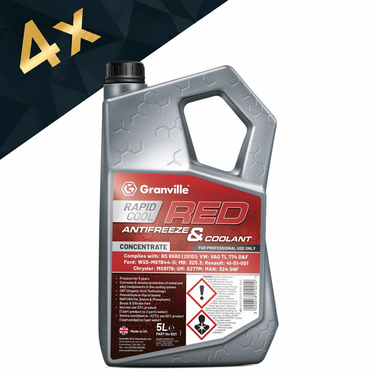 4x Granville - Rapid Cool Red Antifreeze / Coolant OAT Concentrate 5L