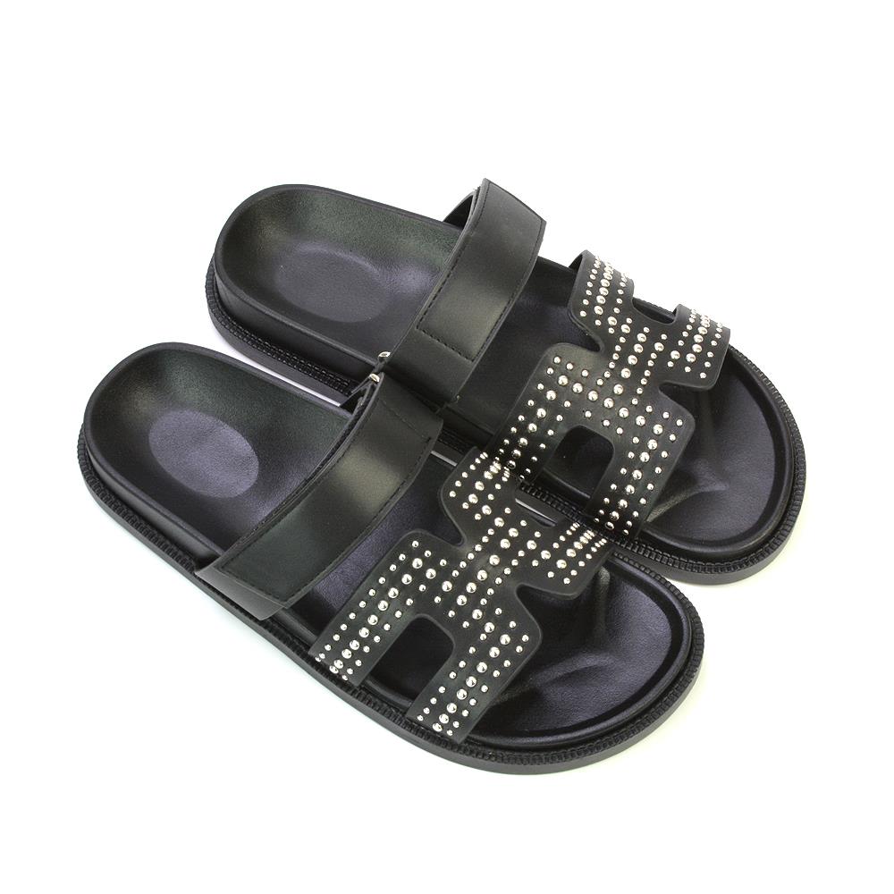 Women's Studded Gladiator Strap Black Sandal Ladies Comfy Slider Size 3-8 - Picture 9 of 10