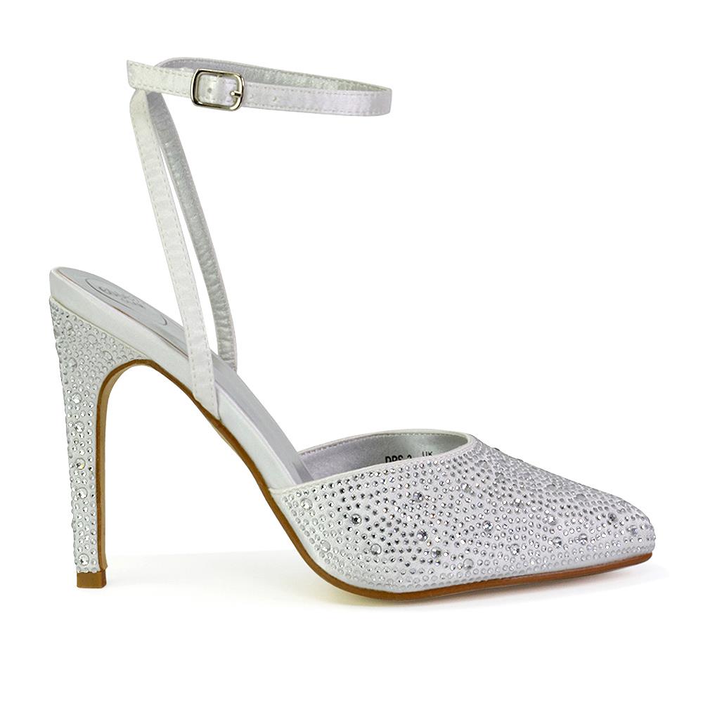Zapatos de boda para mujer Damas Tacones de aguja nupciales satinados con tiras Diamante Talla 3-8 - Imagen 31 de 31