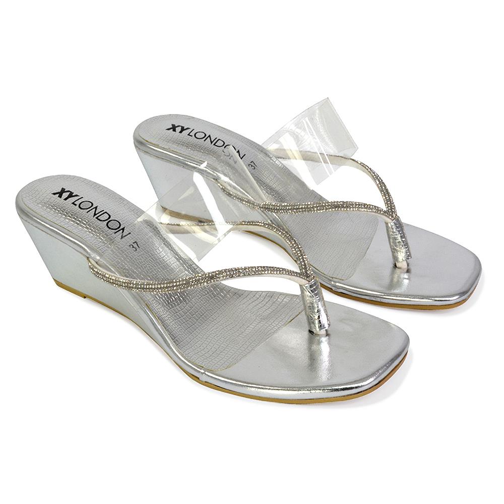 Womens Low Wedge Heel Sandals Ladies Summer Holidays Diamante Shoes Size - Picture 27 of 31