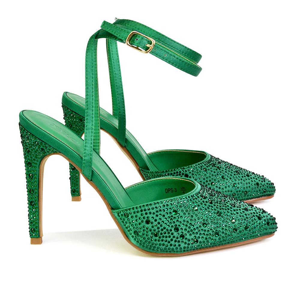 Zapatos de boda para mujer Damas Tacones de aguja nupciales satinados con tiras Diamante Talla 3-8 - Imagen 12 de 31