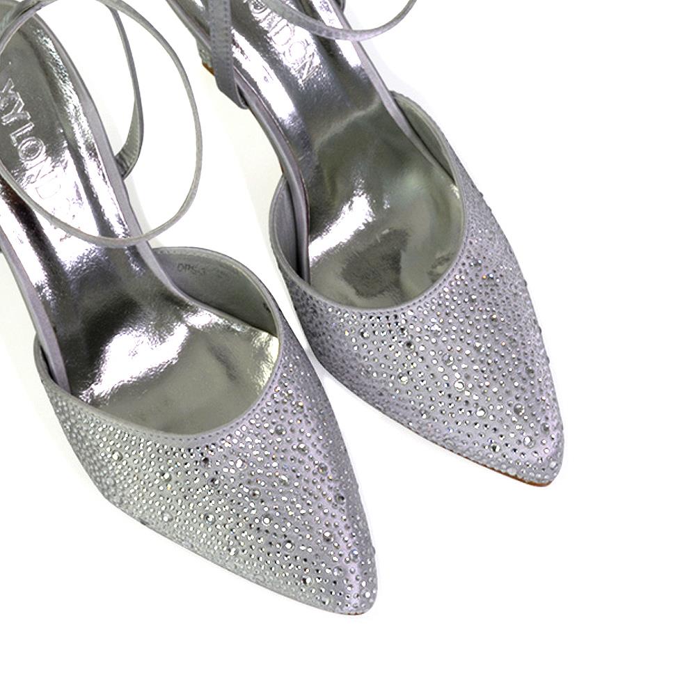 Zapatos de boda para mujer Damas Tacones de aguja nupciales satinados con tiras Diamante Talla 3-8 - Imagen 25 de 31