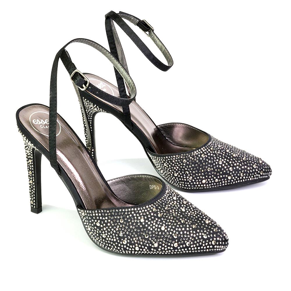 Zapatos de boda para mujer Damas Tacones de aguja nupciales satinados con tiras Diamante Talla 3-8 - Imagen 5 de 31