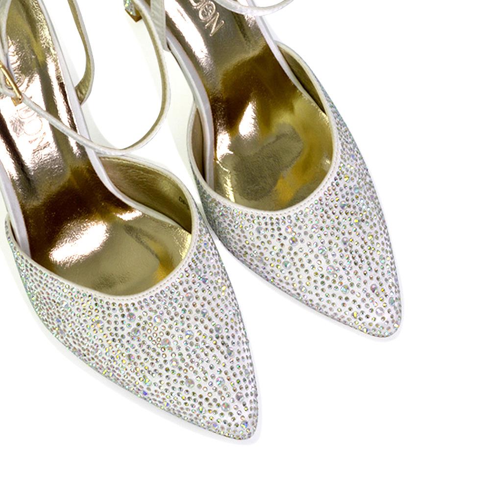 Zapatos de boda para mujer Damas Tacones de aguja nupciales satinados con tiras Diamante Talla 3-8 - Imagen 18 de 31