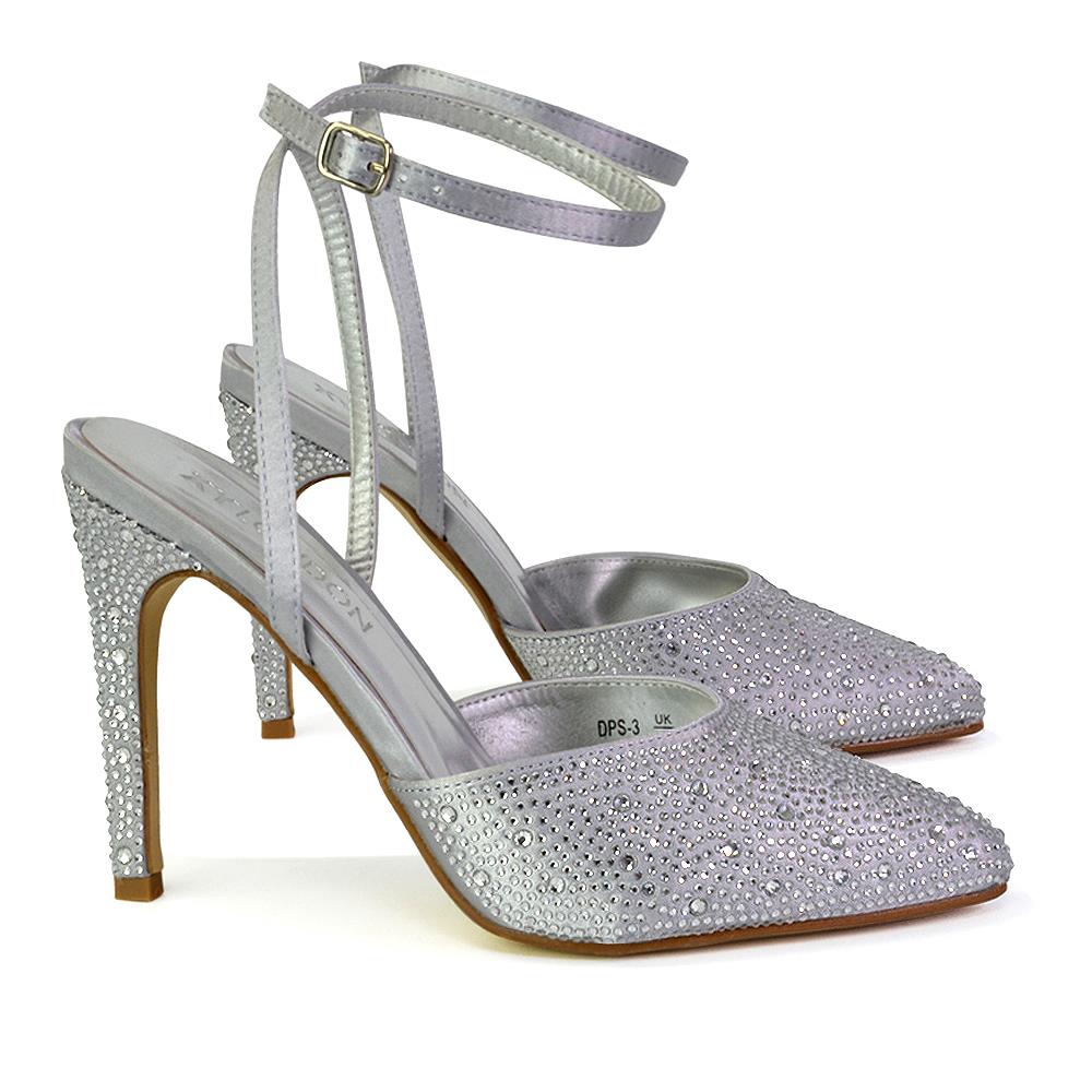 Zapatos de boda para mujer Damas Tacones de aguja nupciales satinados con tiras Diamante Talla 3-8 - Imagen 24 de 31