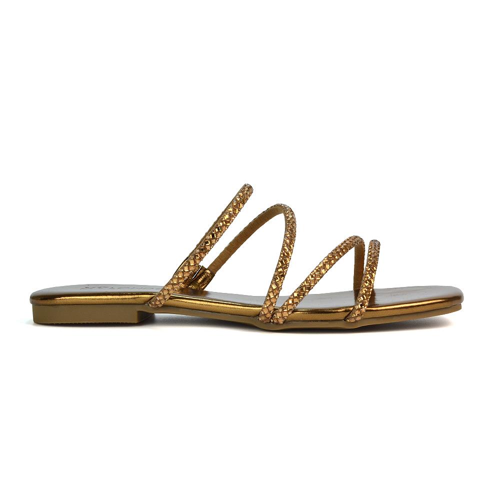 Women’s Diamante Flat Sandals Ladies Strappy Slip On Summer Slider Size 3-8 - Picture 14 of 25