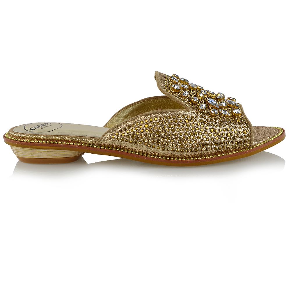 ESSEX GLAM Womens Flat Sandals Slider Rhinestones Slip On Sparkly Shoes