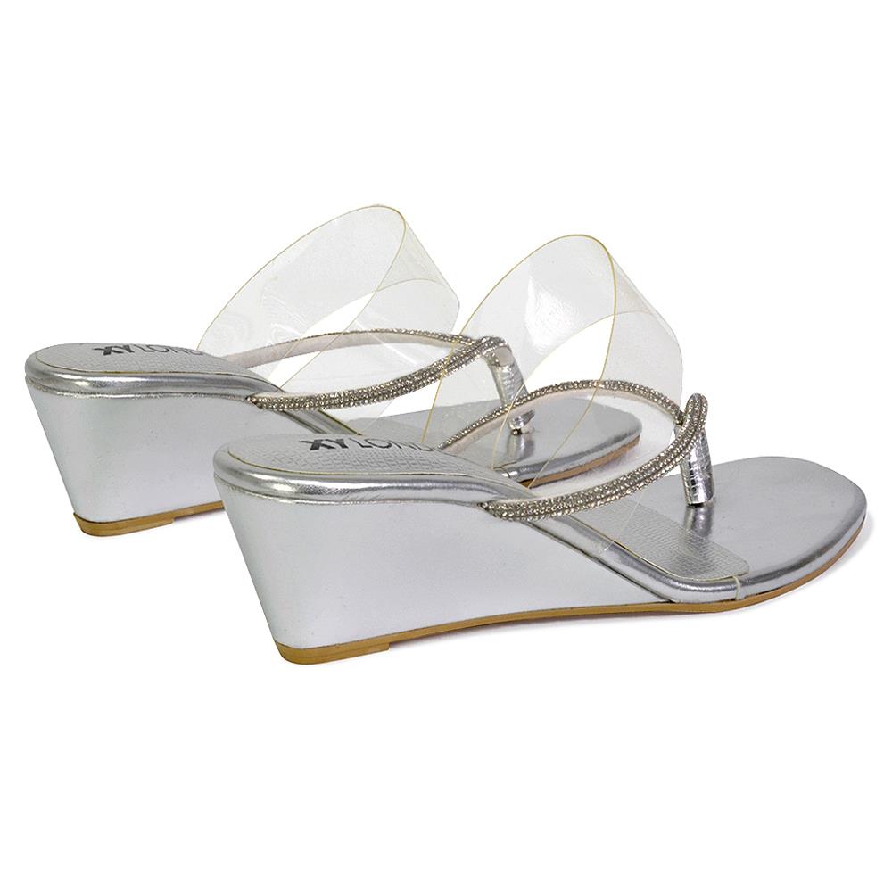 Womens Low Wedge Heel Sandals Ladies Summer Holidays Diamante Shoes Size - Picture 29 of 31