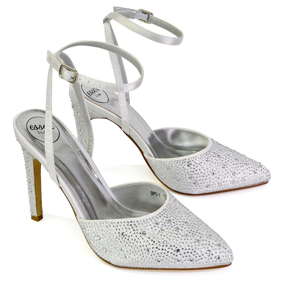 Zapatos de boda para mujer Damas Tacones de aguja nupciales satinados con tiras Diamante Talla 3-8 - Imagen 29 de 31